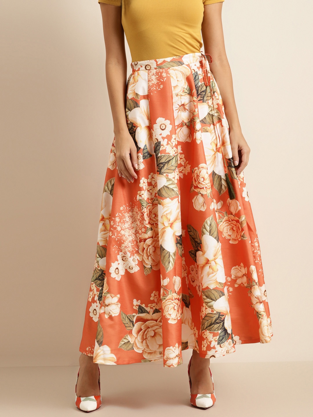 

Shae by SASSAFRAS Women Orange & Cream-Coloured Floral Print Flared Maxi Skirt