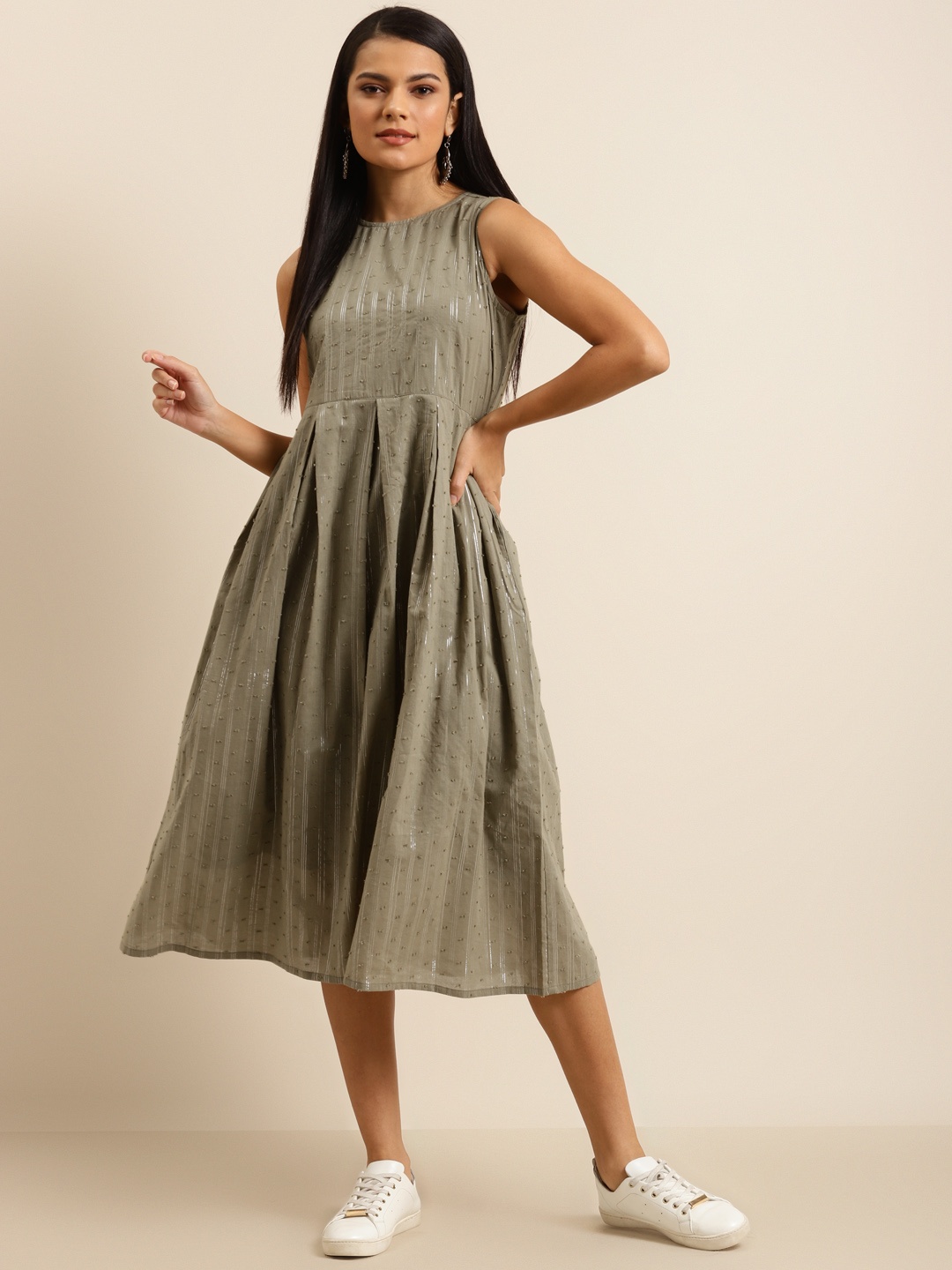 

Shae by SASSAFRAS Women Sage Green Pure Cotton Dobby Weave Striped A-Line Dress