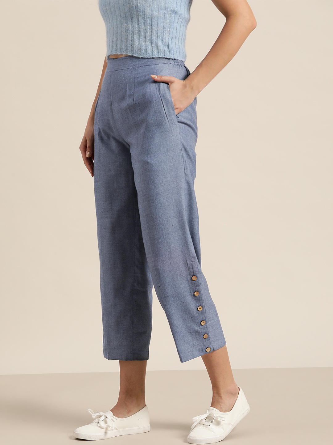 

Shae by SASSAFRAS Women Blue Straight Fit Solid Cropped Parallel Trousers