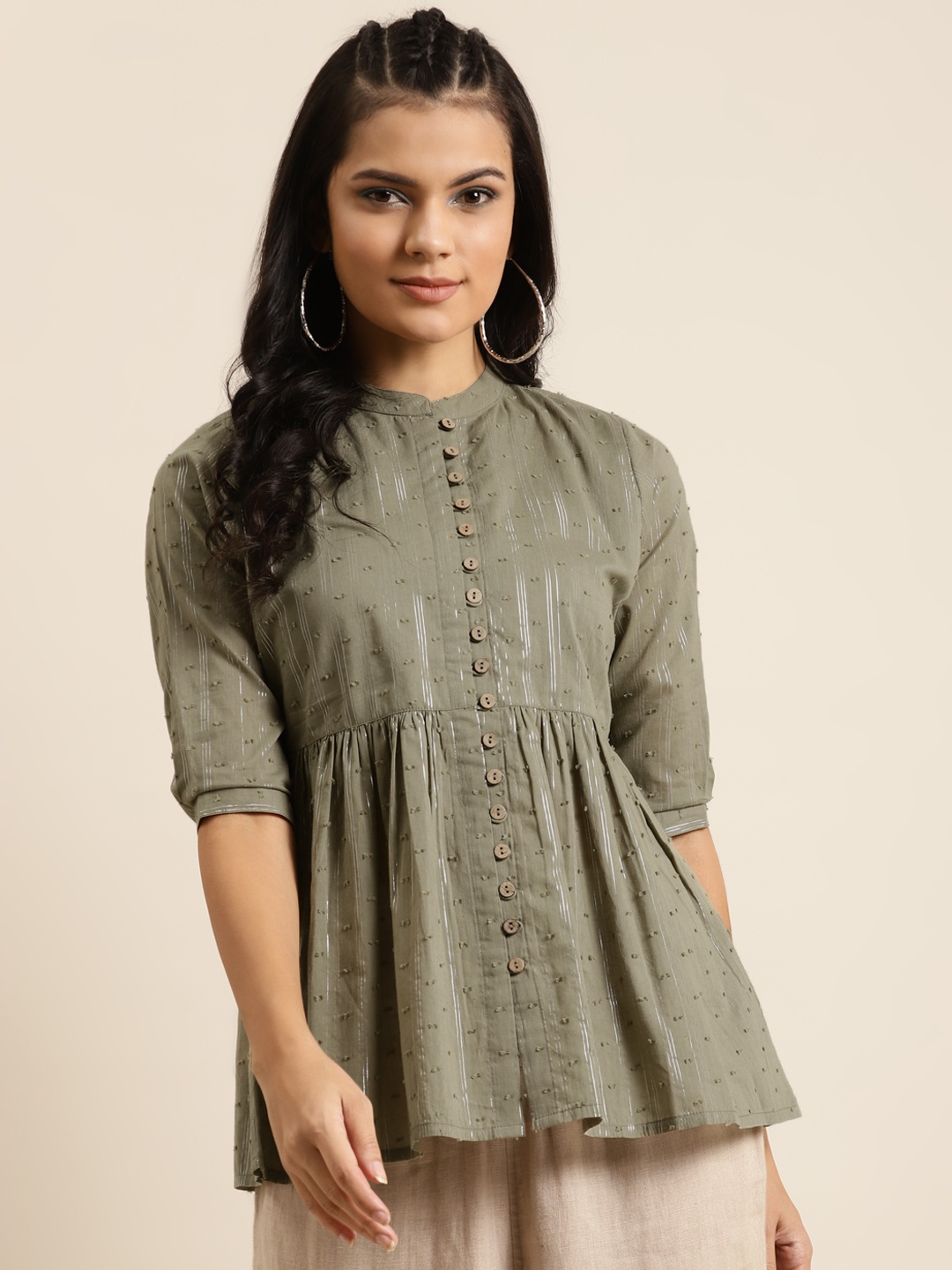 

Shae by SASSAFRAS Women Olive Green Pure Cotton Dobby Woven Design A-Line Top