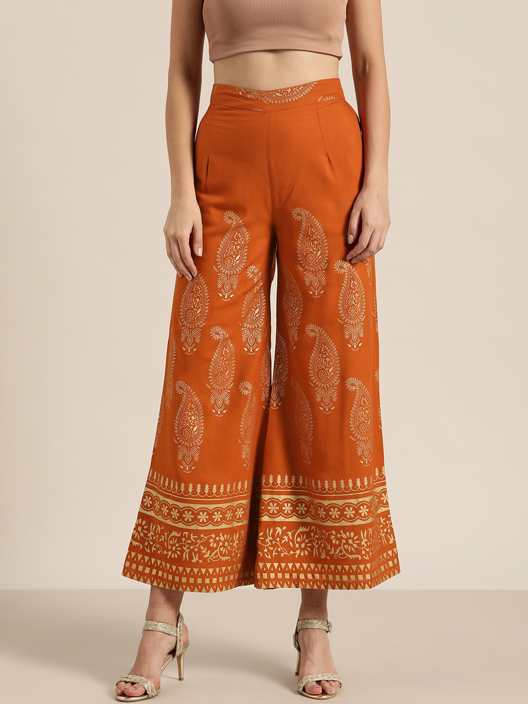 

Shae by SASSAFRAS Women Rust Orange & Golden Paisley Foil Print Wide Leg Palazzos