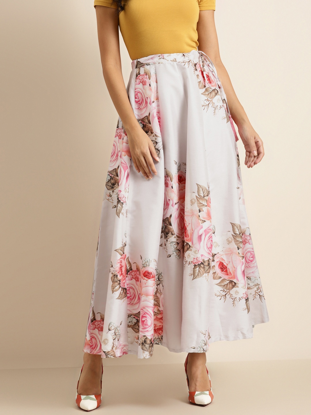 

Shae by SASSAFRAS Grey & Pink Floral Print Flared Maxi Skirt