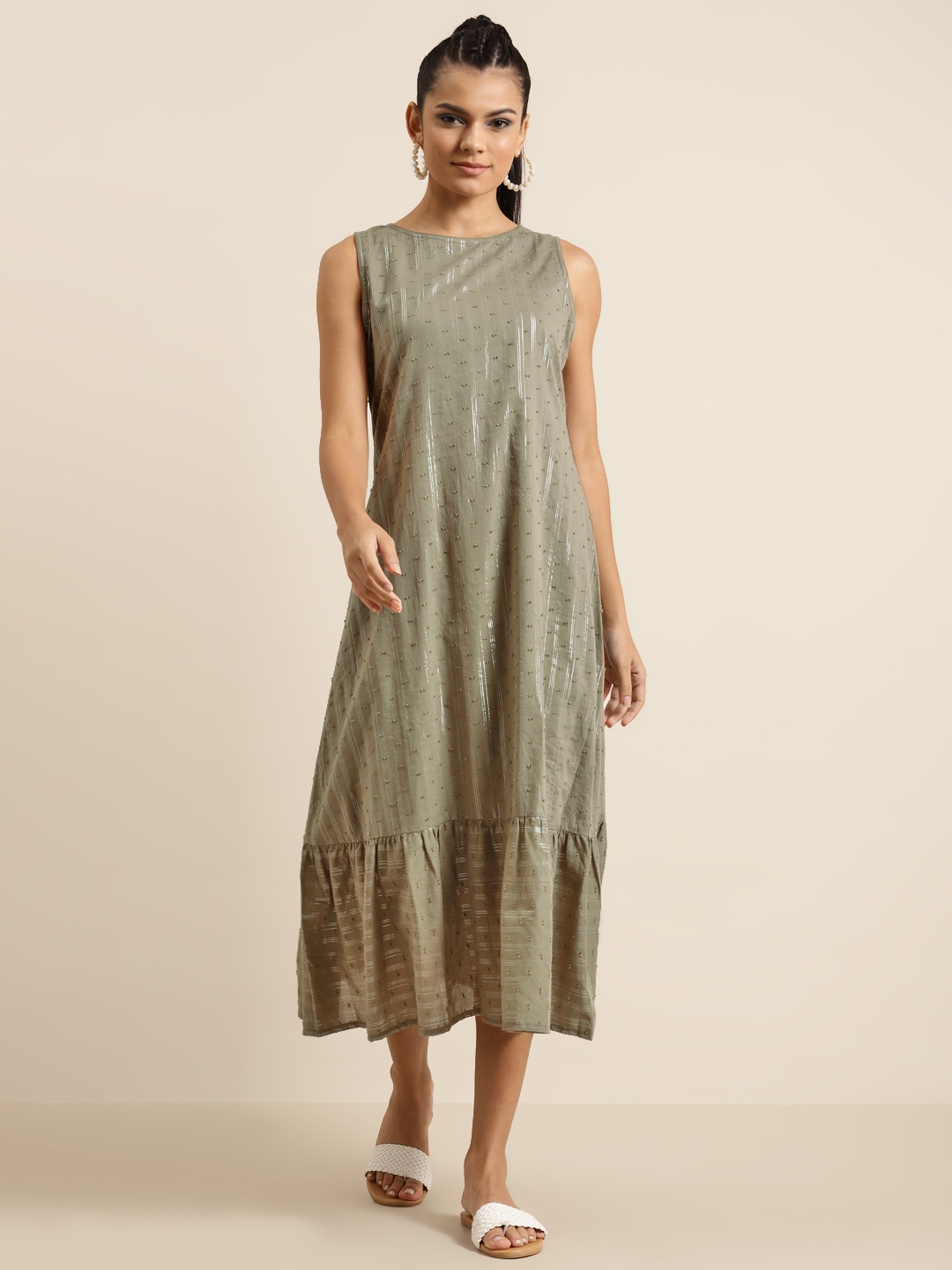 

Shae by SASSAFRAS Women Olive Green Pure Cotton Dobby Weave Striped Shift Dress