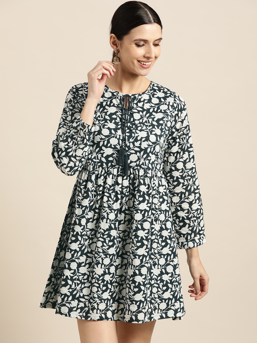 

Shae by SASSAFRAS Women Navy Blue & White Pure Cotton Printed Mini A-Line Dress