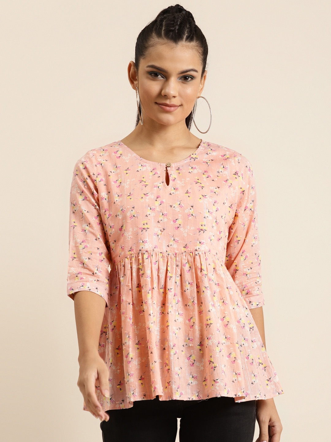 

Shae By Sassafras Peach-Coloured & Yellow Floral Printed Pure Cotton A-line Top