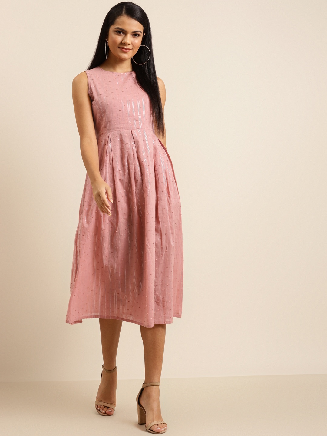 

Shae by SASSAFRAS Women Dusty Pink Pure Cotton Dobby Weave Striped A-Line Dress