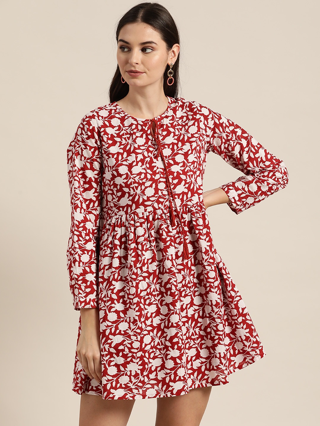 

Shae by SASSAFRAS Women Maroon & Off-White Pure Cotton Floral Printed A-Line Dress
