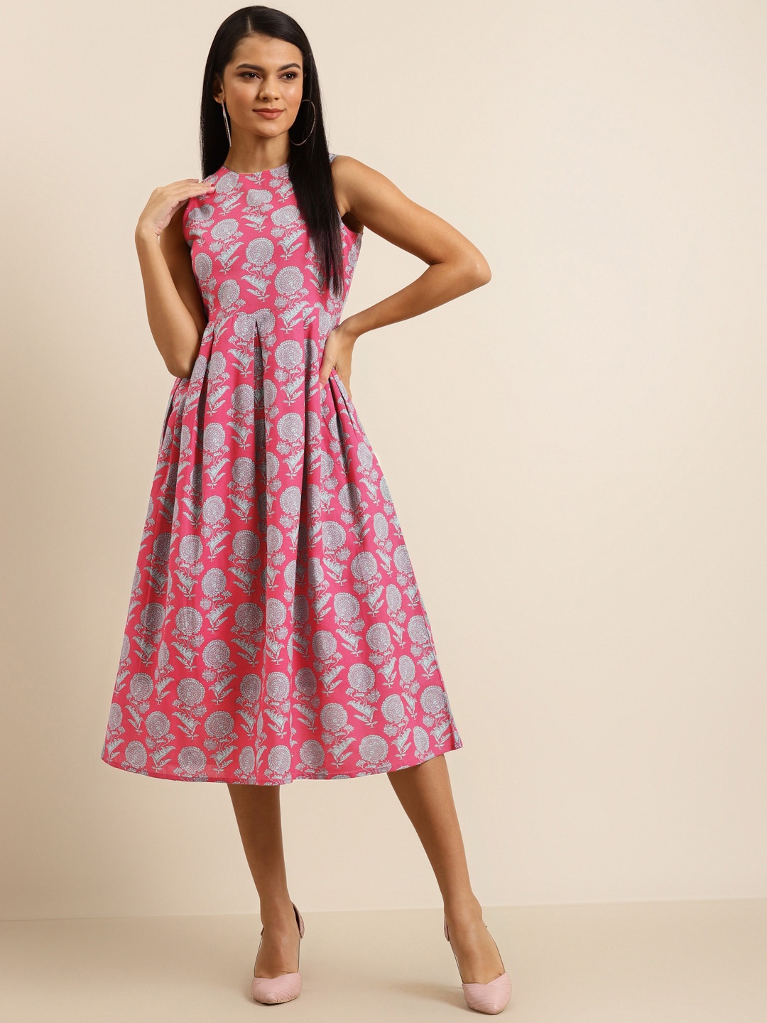 

Shae by SASSAFRAS Women Pink & Blue Pure Cotton Ethnic Motif Printed A-Line Dress