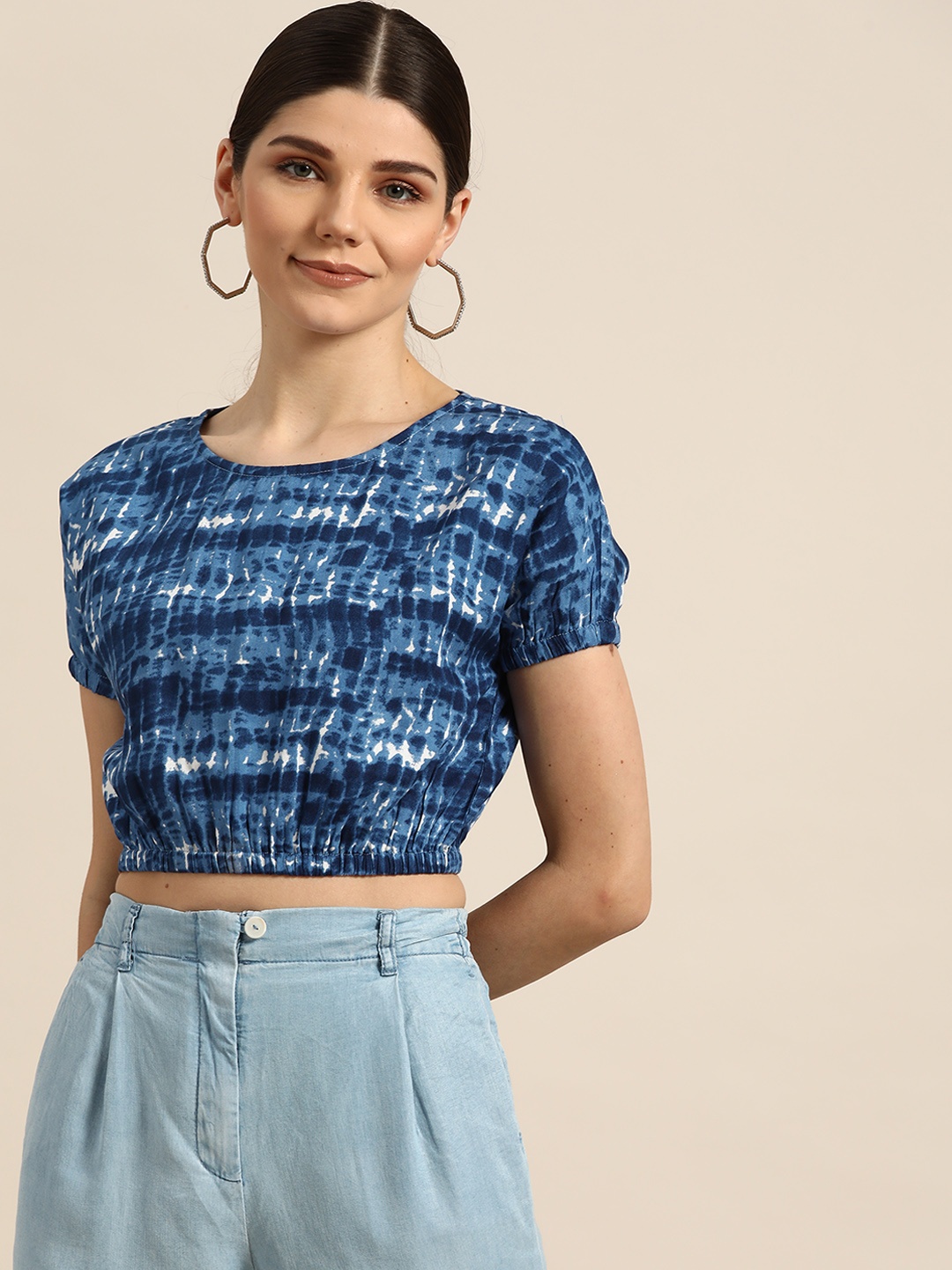 

Shae By Sassafras Navy Blue & White Printed Puff Sleeves Liva Cinched Waist Crop Top