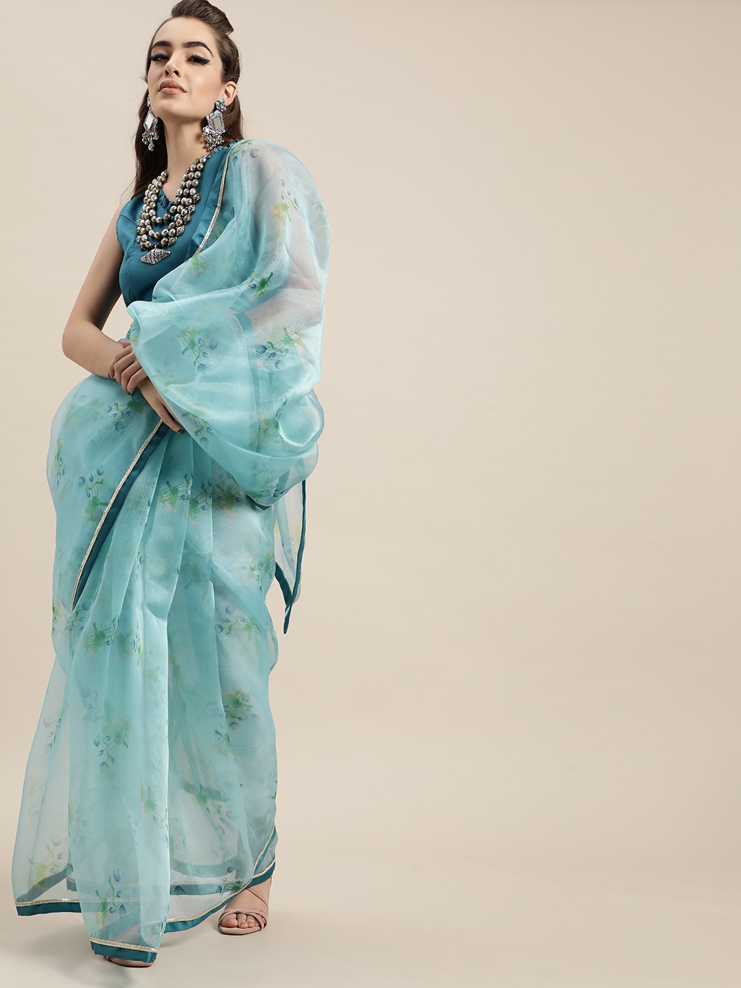 

Inddus Blue & Green Organza Floral Printed Saree
