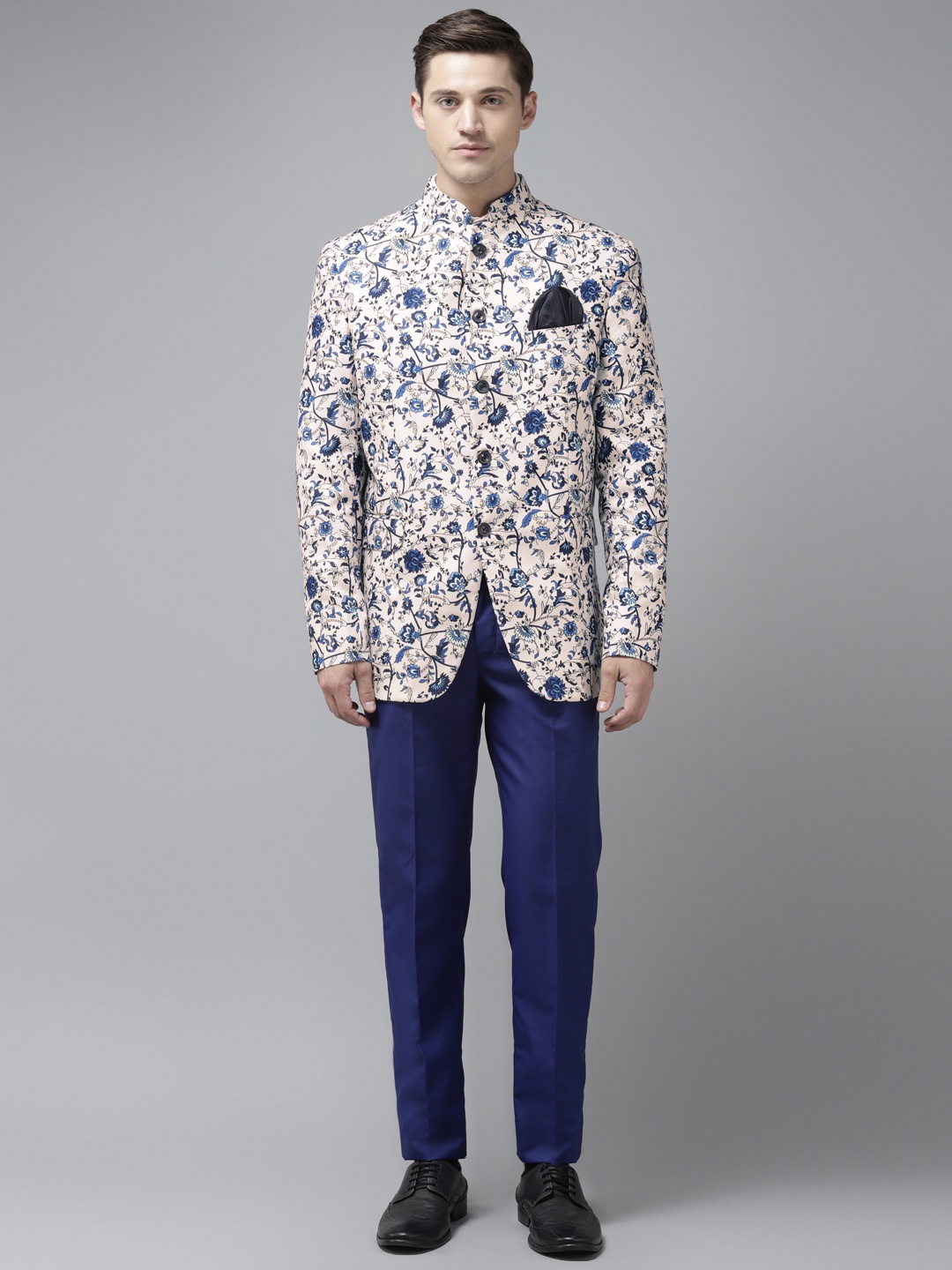 

Hangup Men Off White & Navy Blue Floral Print Bandhgala Suit with Pocket Square