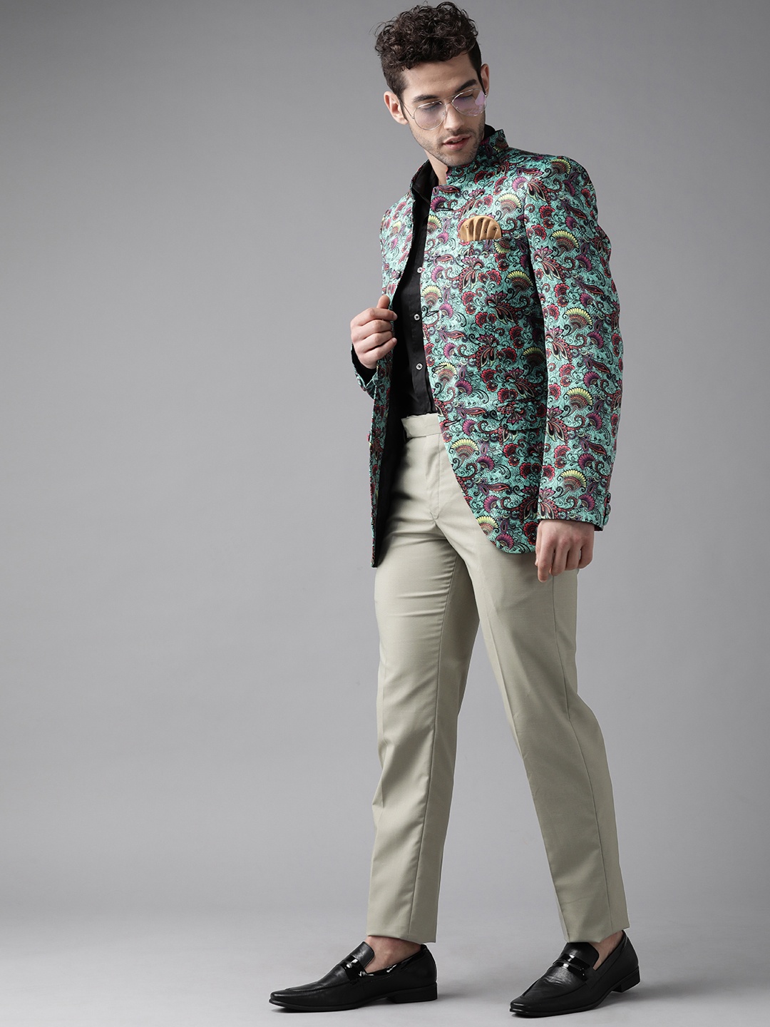 

Hangup Men Blue & Pink Printed Bandhgala Suit
