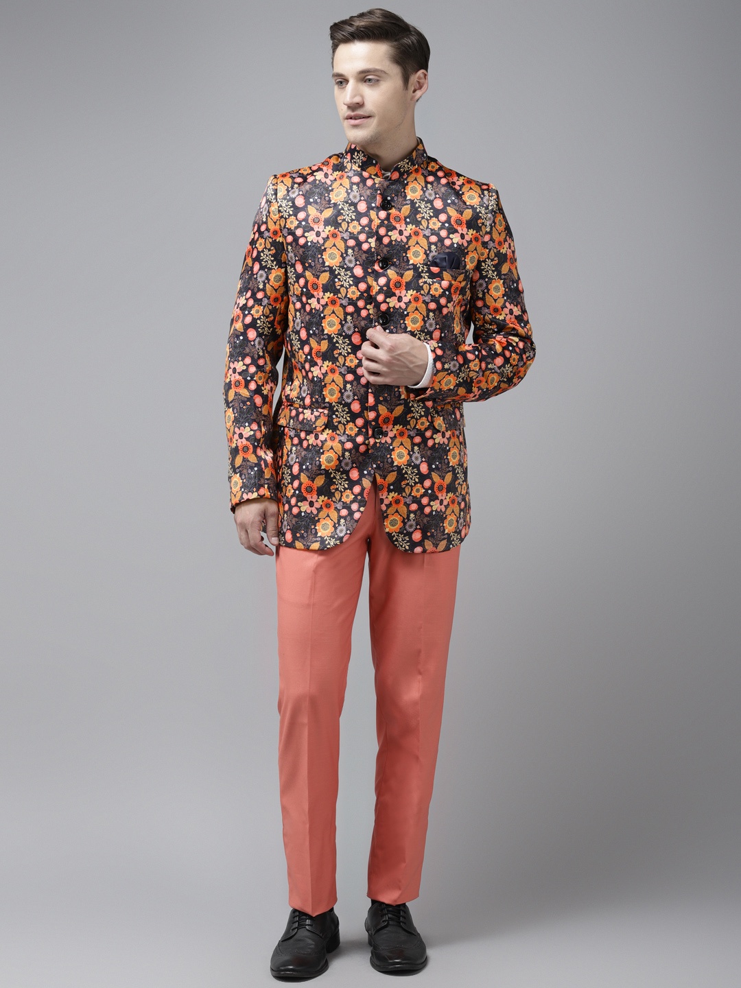 

Hangup Men Charcoal Grey & Orange Floral Print Bandhgala Suit with Pocket Square