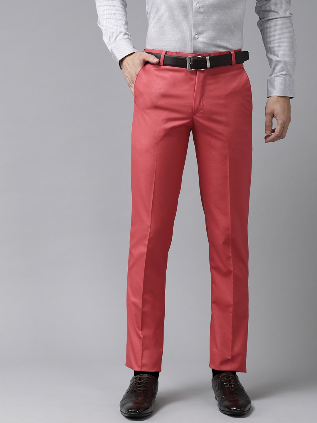 Hangup Men Coral Red Regular Fit Solid Formal Trousers