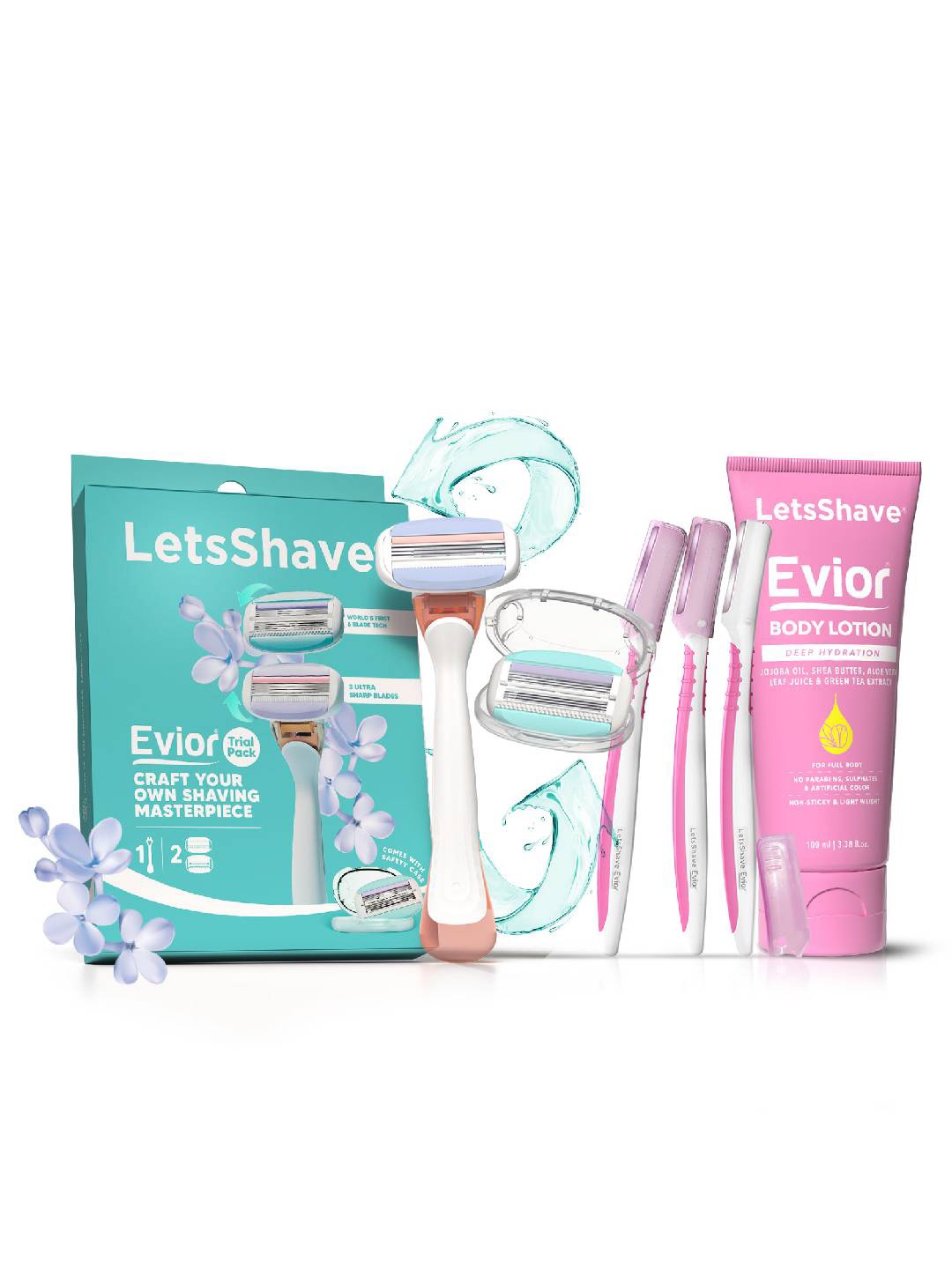 

LetsShave Set Of 3 Turquoise Blue Evior Face Razors With 3 Razor Heads & Shaving Cream