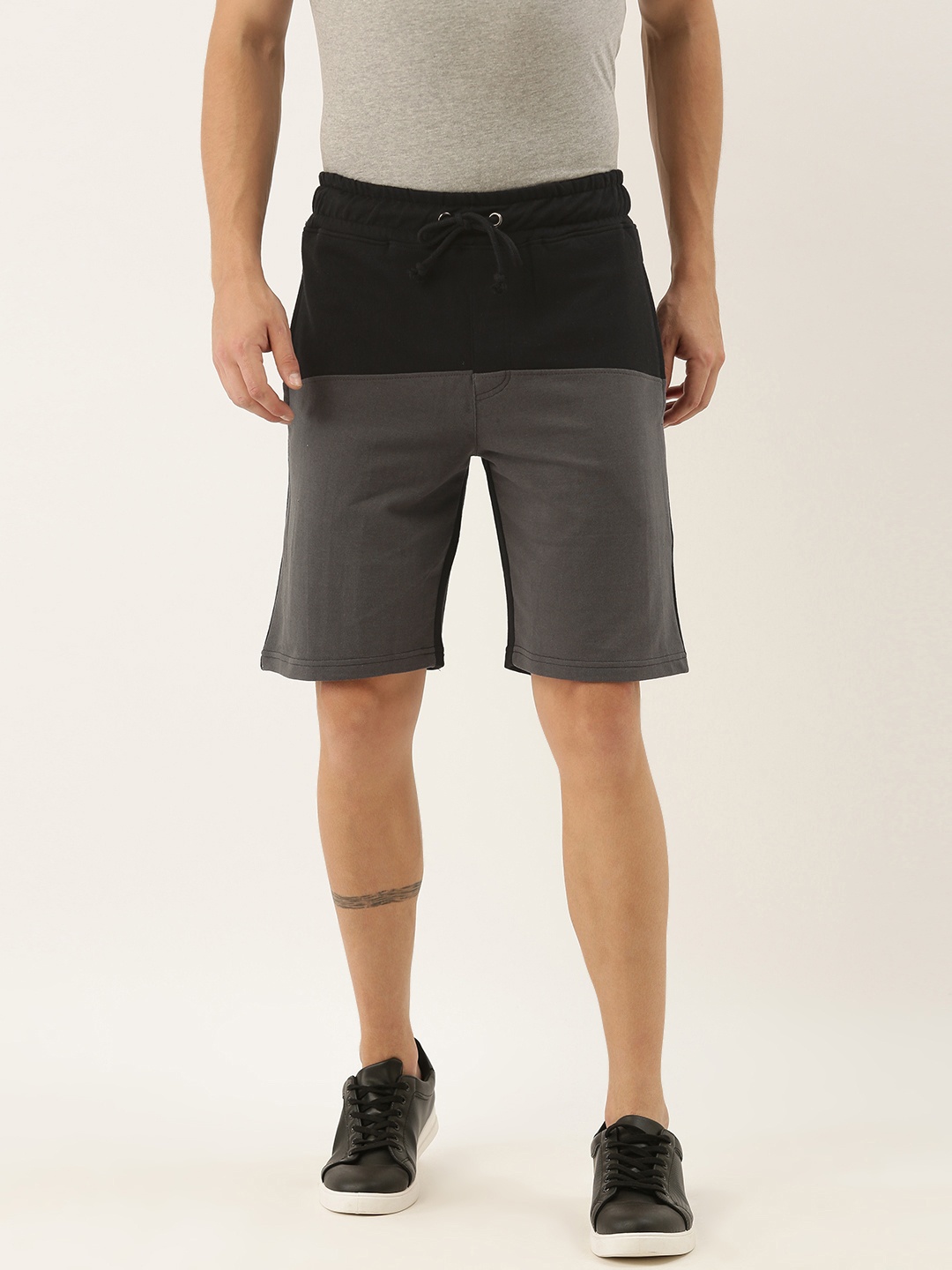 

ARISE Men Black & Grey Colourblocked Regular Fit Pure Cotton Shorts