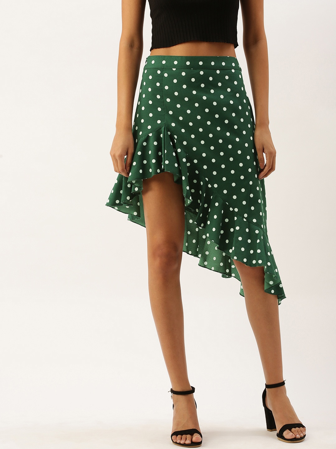 

Berrylush Women Green & White Polka Print Asymmetric Hem Midi Skirt