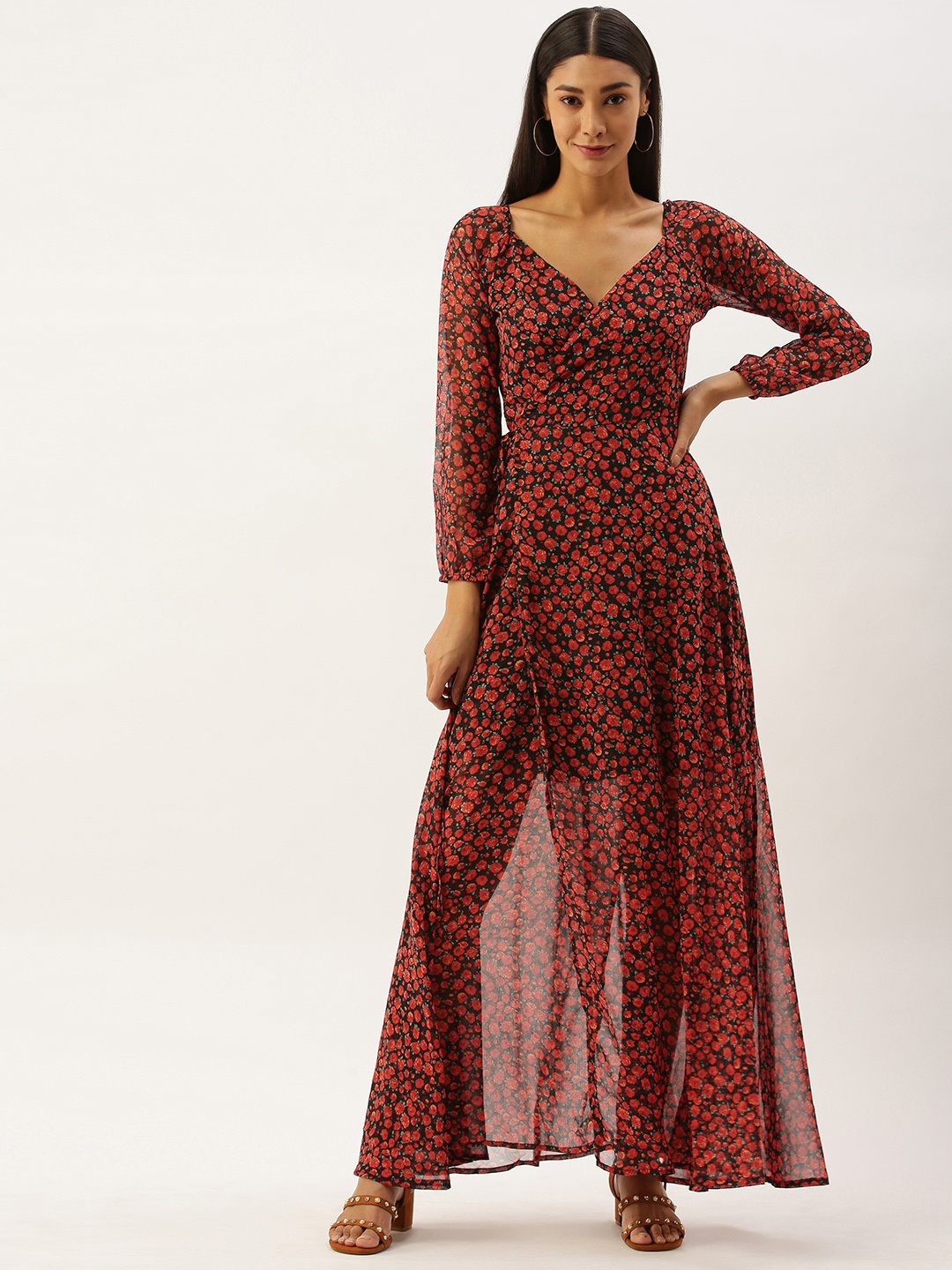 

Berrylush Women Black & Red Printed Maxi Dress