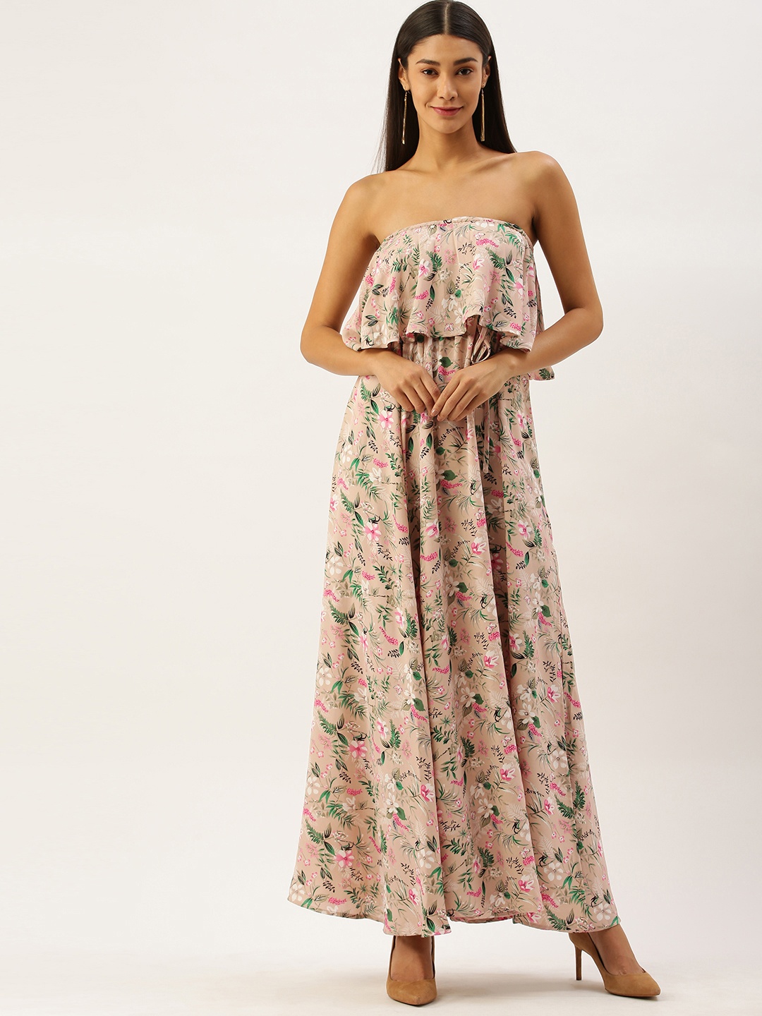 

Berrylush Women Pink & Green Floral Printed Off-Shoulder Maxi Dress