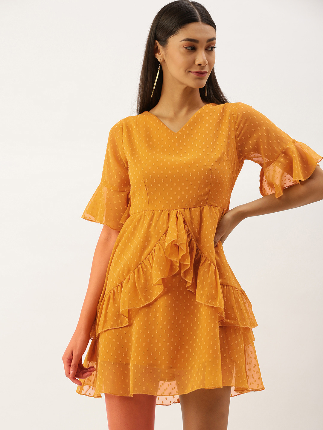 

Berrylush Women Mustard Yellow Self Design A-Line Dress