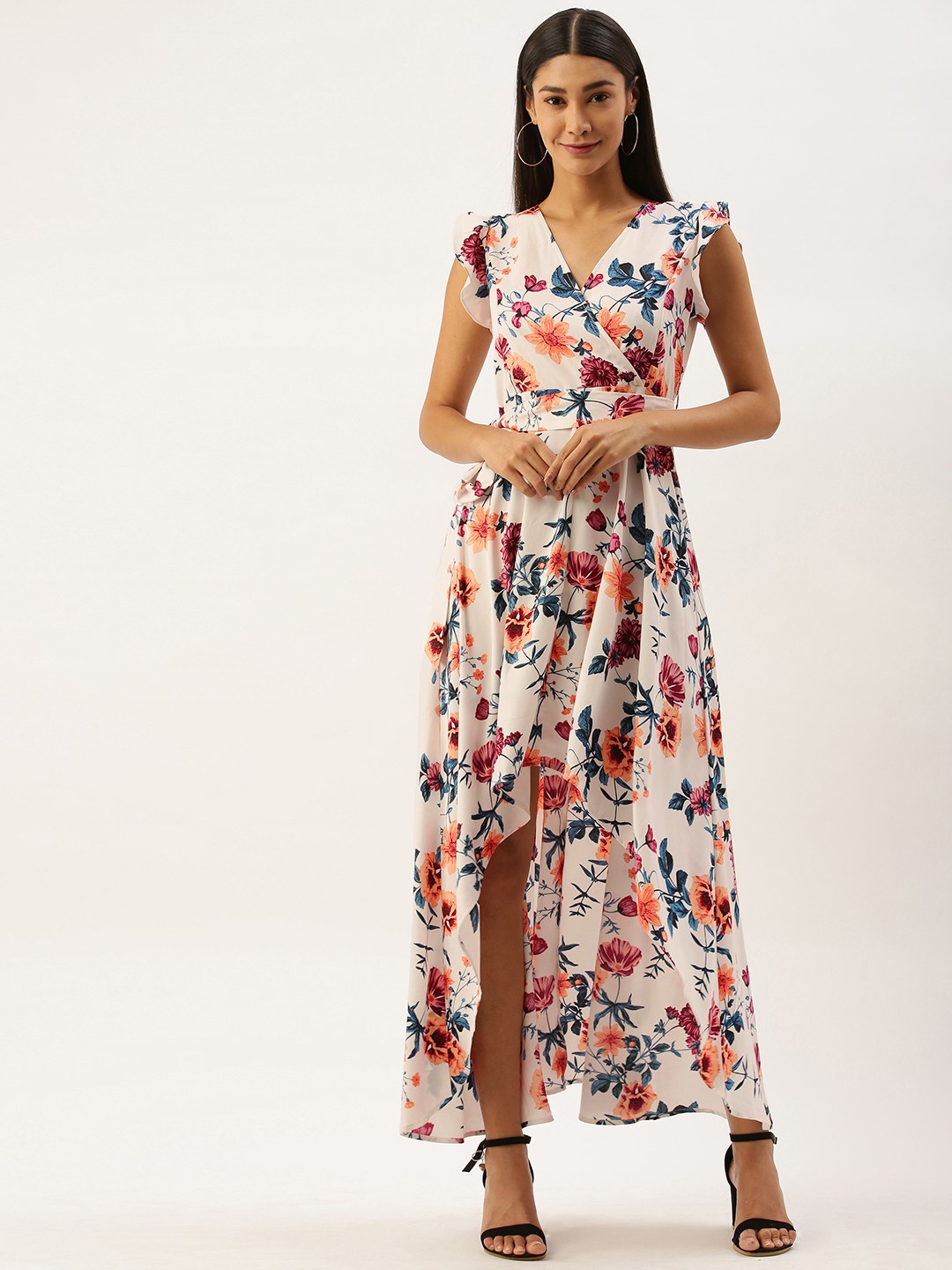 

Berrylush Women White Blue High Low Printed Maxi Dress