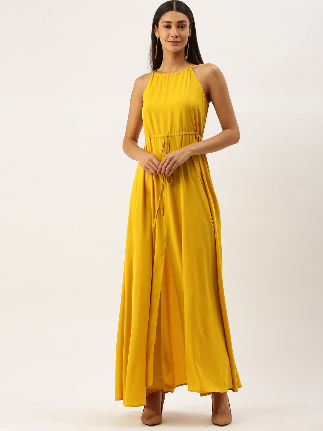 

Berrylush Women Yellow Solid Maxi Dress with Waist Tie-Up Detail