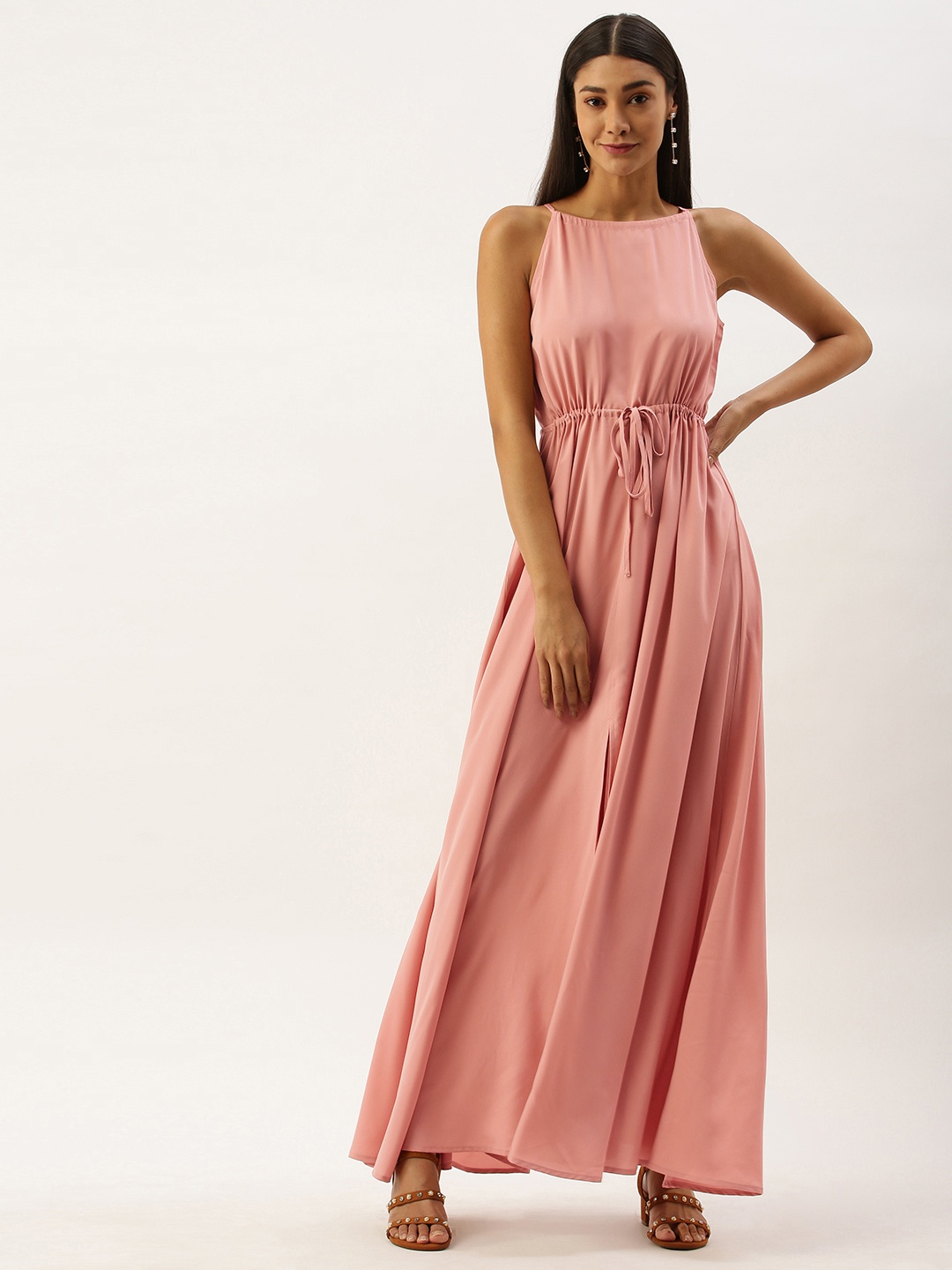 

Berrylush Women Pink Solid Shoulder Strap Maxi Dress