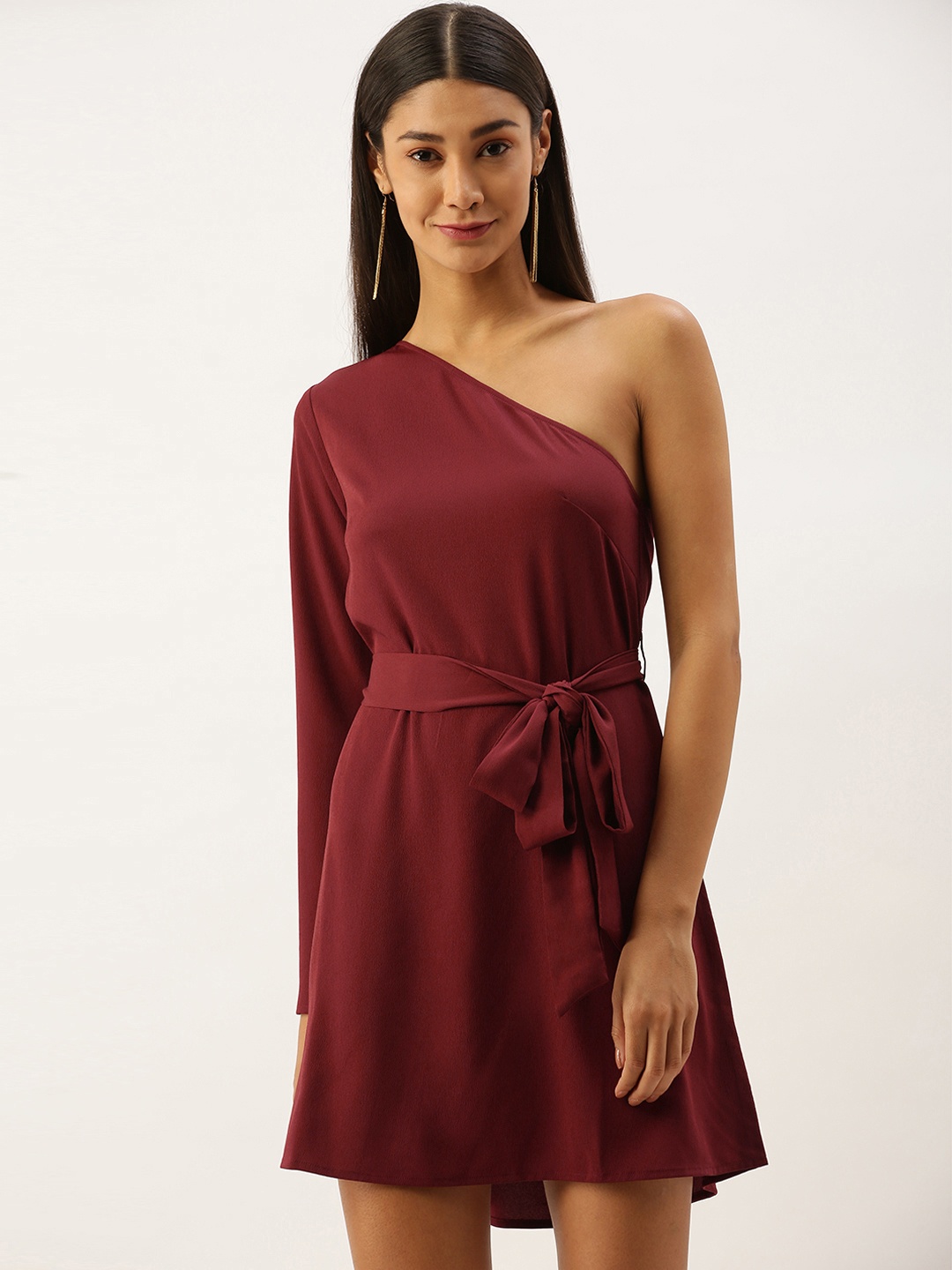 

Berrylush Women Maroon Solid One Shoulder A-Line Dress