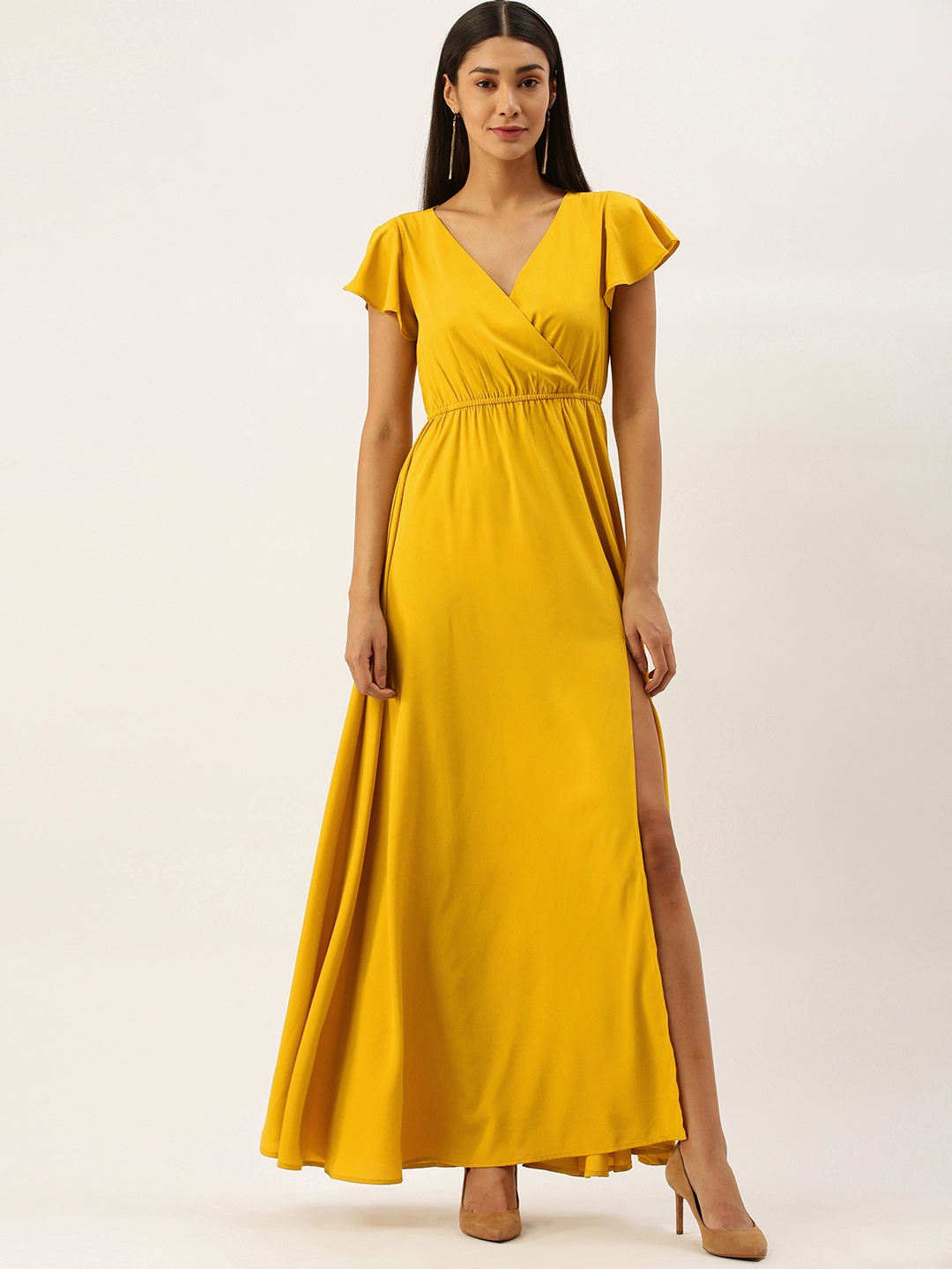 

Berrylush Women Yellow Solid Maxi Dress with High Slit Detailing