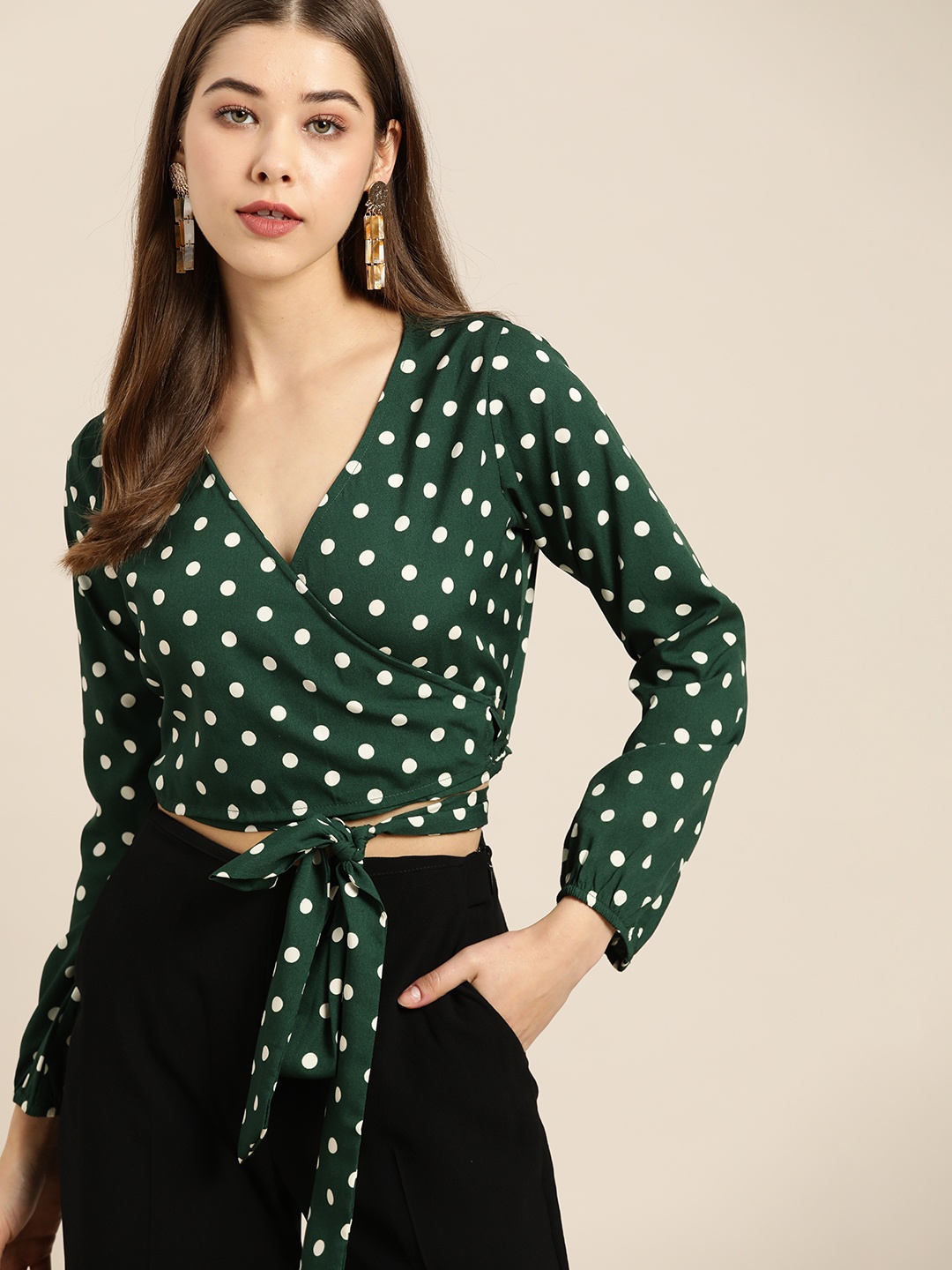 

Berrylush Green & White Polka Dots Printed Wrap Top