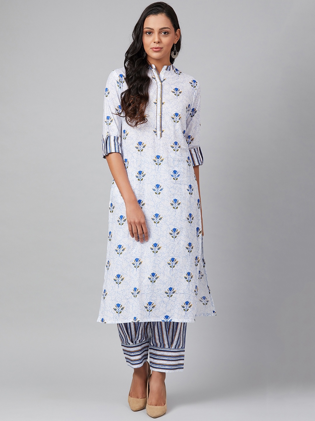 

Tulsattva Women White & Blue Printed Kurta with Salwar