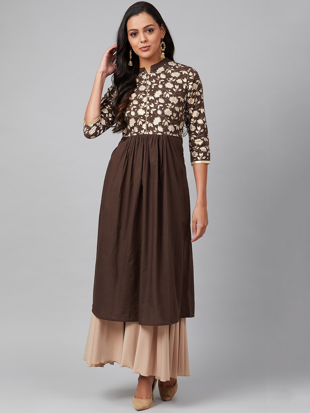 

Tulsattva Women Brown & Golden Block Print Yoke Design A-Line Kurta, Coffee brown
