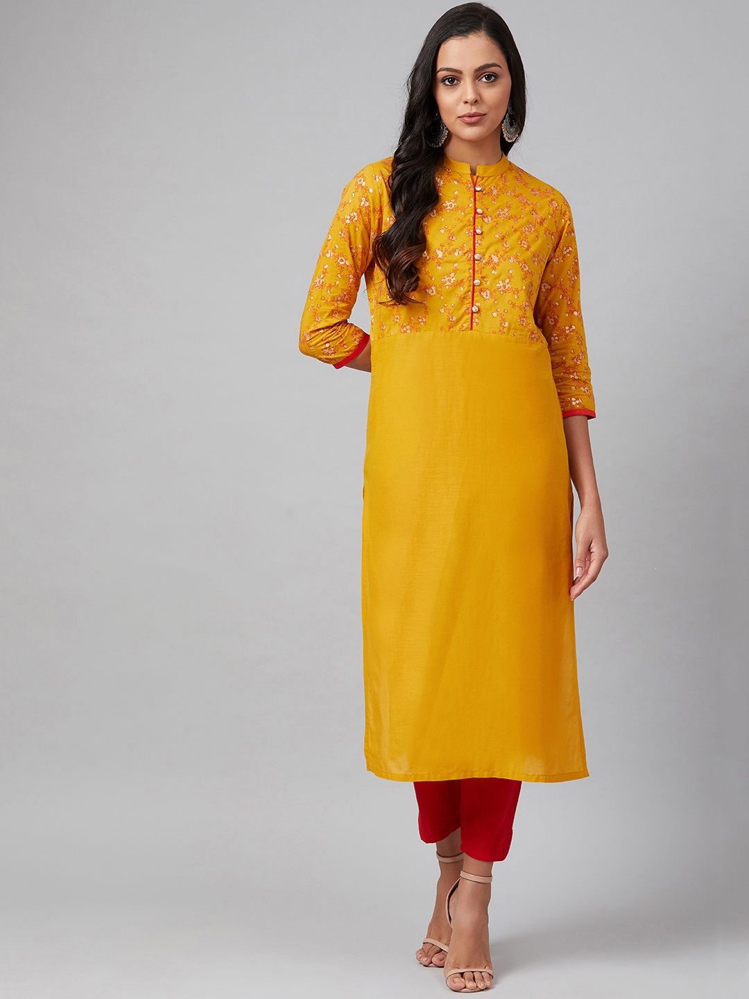 

Tulsattva Women Mustard Yellow Ethnic Motifs Pure Cotton Yoke Design Block Print Kurta