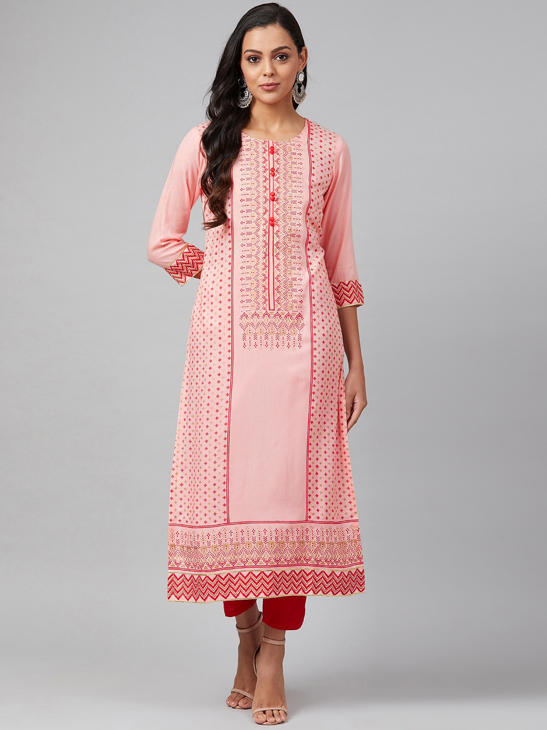 

Tulsattva Women Pink & Red Block Printed Straight Kurta