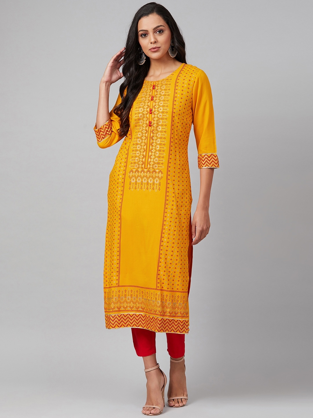 

Tulsattva Women Mustard Yellow & Red Ethnic Motifs Printed Block Print Straight Kurta