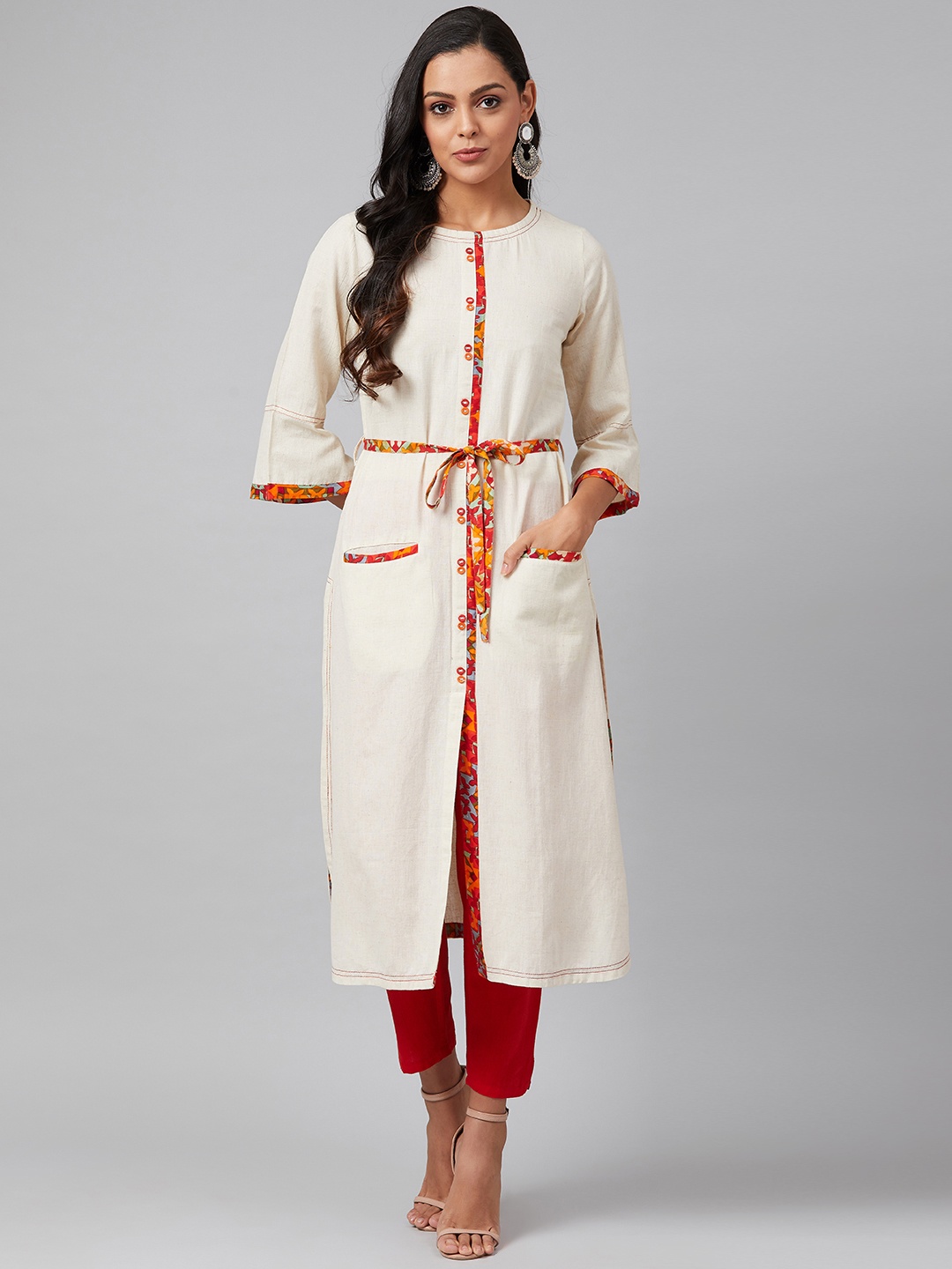 

Tulsattva Women Off White Bell Sleeves Pure Cotton Straight Kurta