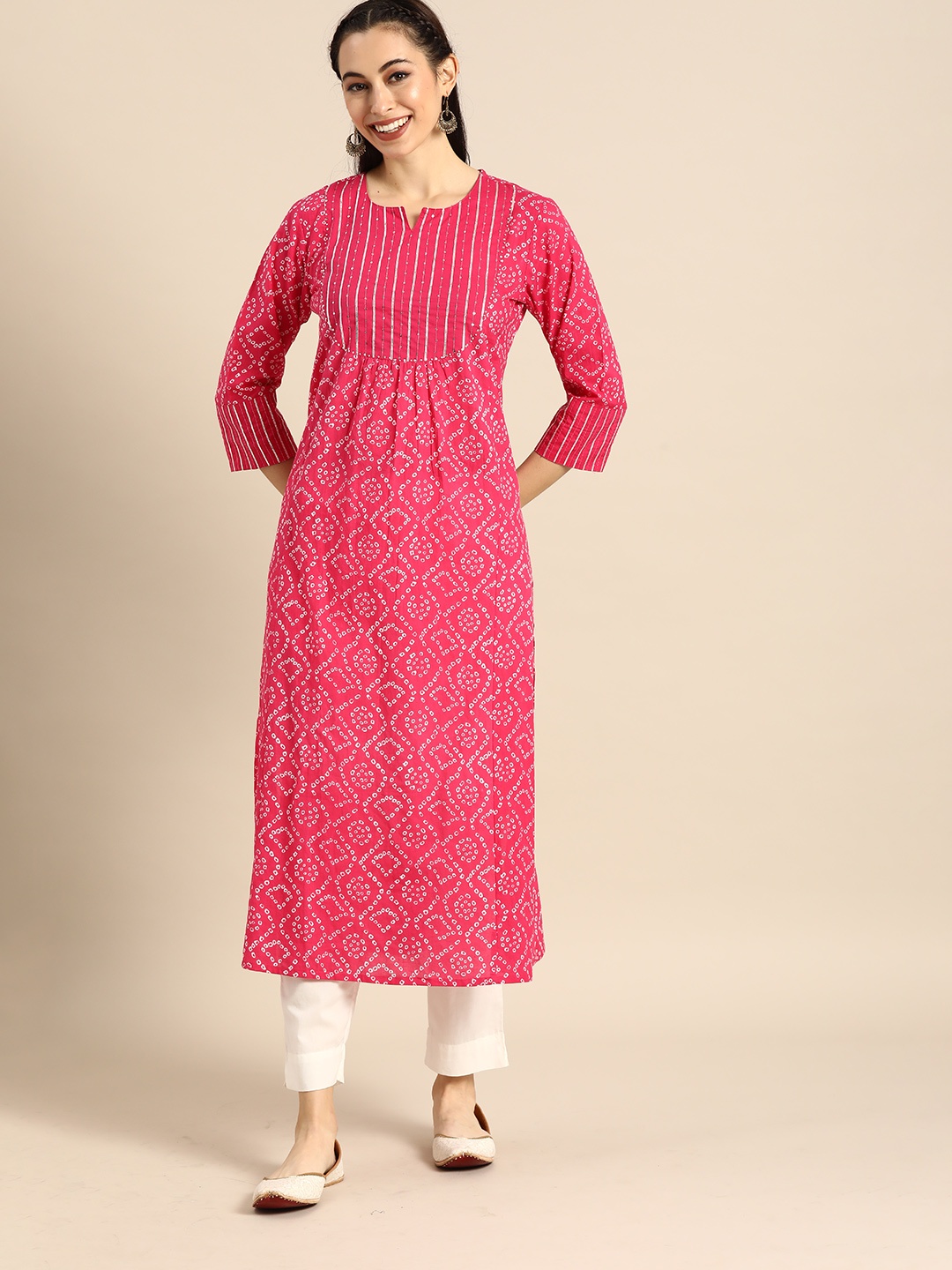 

Varanga Women Pink & White Bandhani Printed Kurta