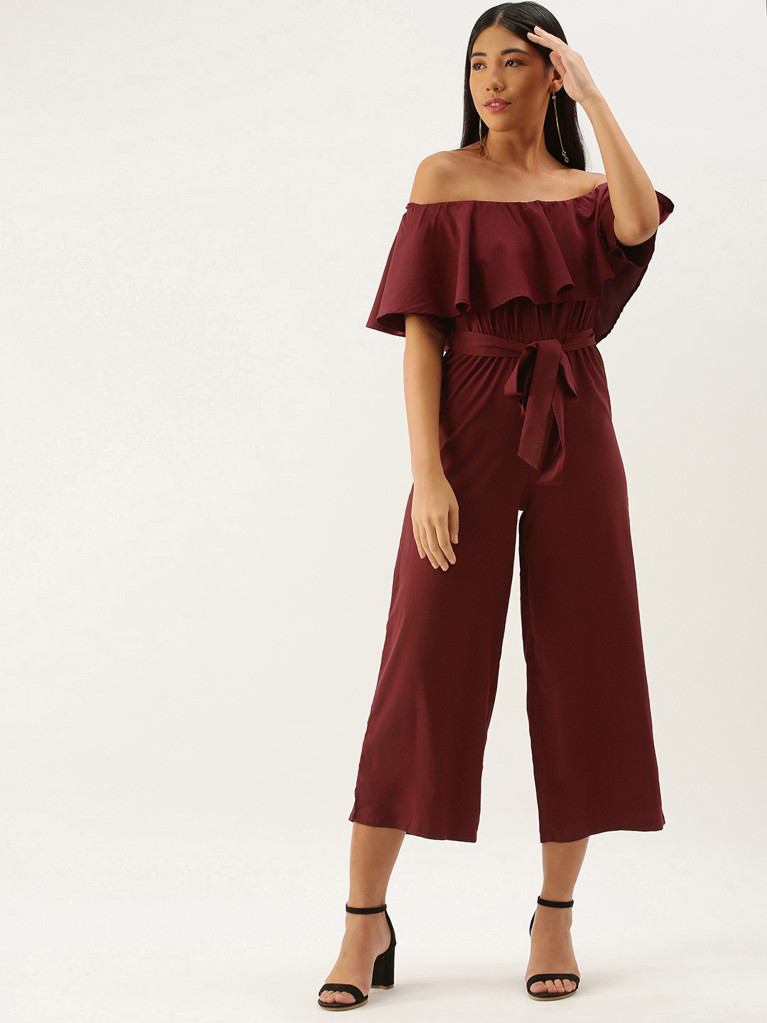 

Berrylush Women Maroon Solid Off Shoulder Culotte Jumpsuit