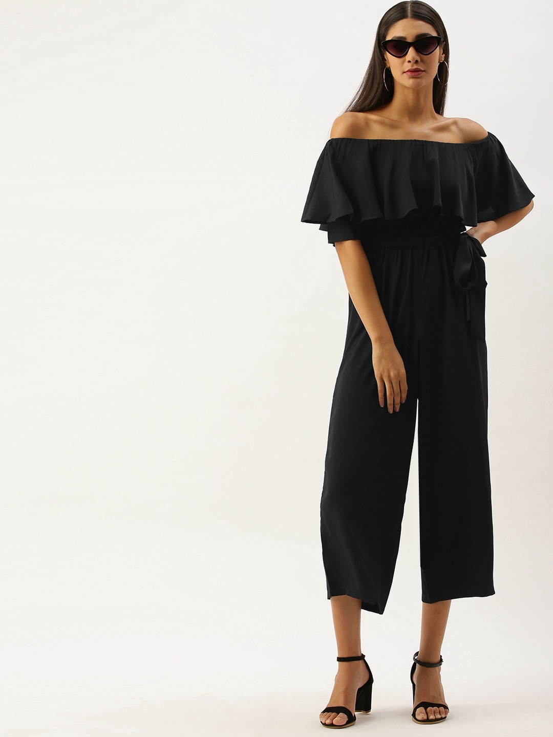 

Berrylush Women Black Solid Off Shoulder Culotte Jumpsuit