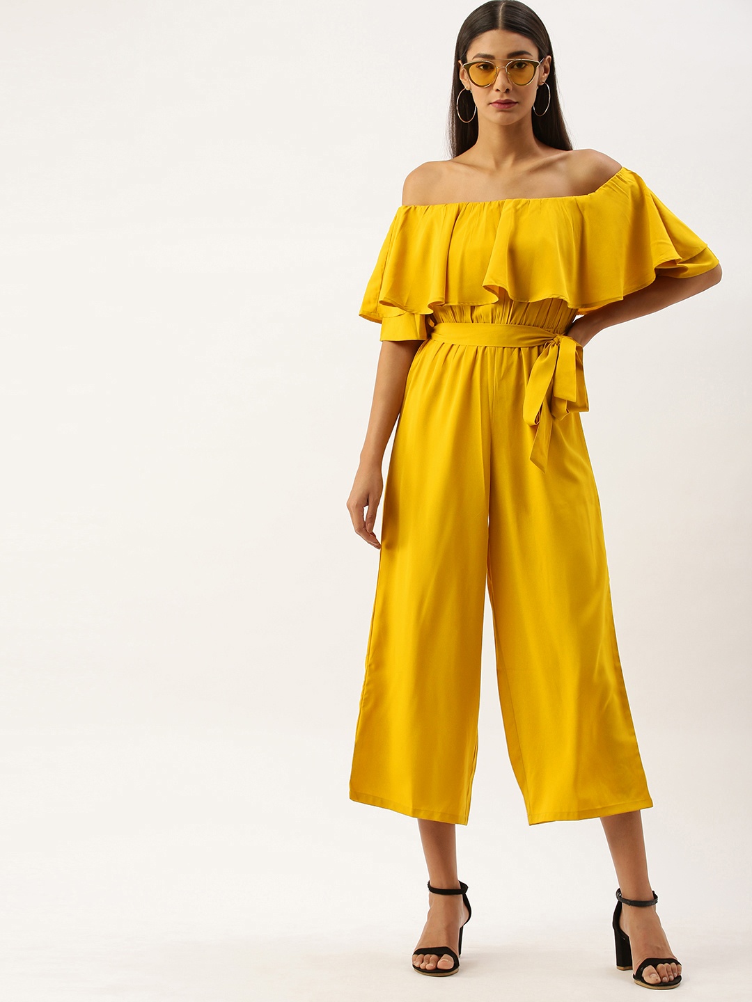 

Berrylush Women Yellow Solid Off Shoulder Culotte Jumpsuit