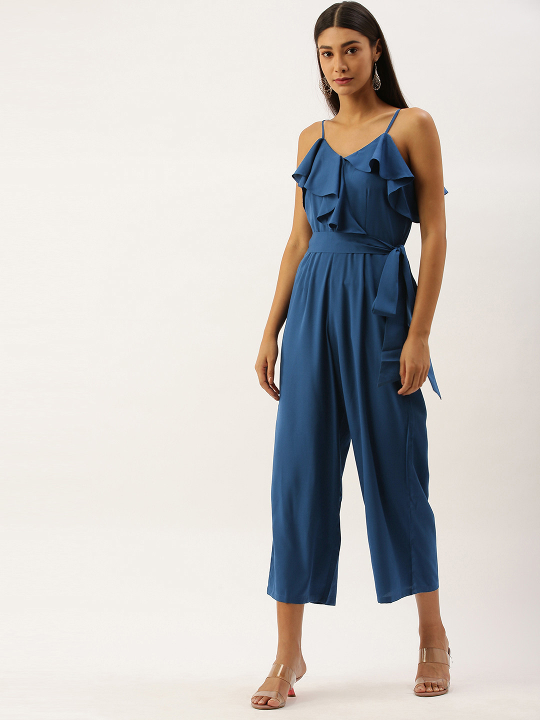 

Berrylush Women Blue Solid Ruffled Basic Jumpsuit