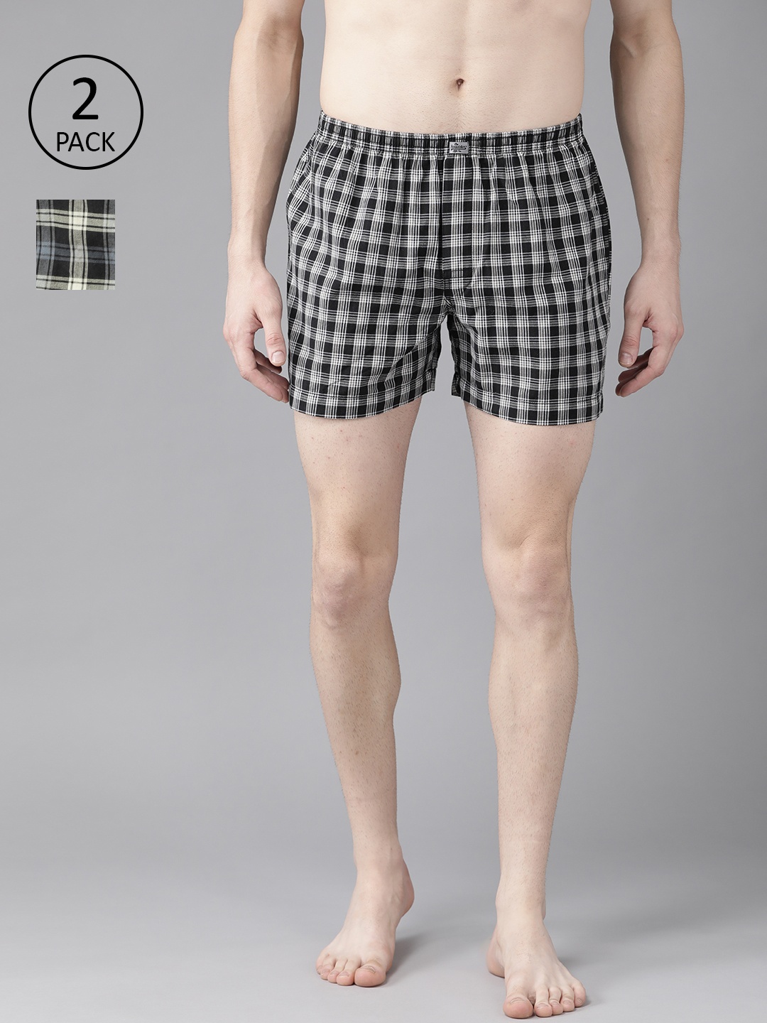 

Roadster Men Pack Of 2 Checked Pure Cotton Boxers RDST-BOX-PRE-2PP-042, Black