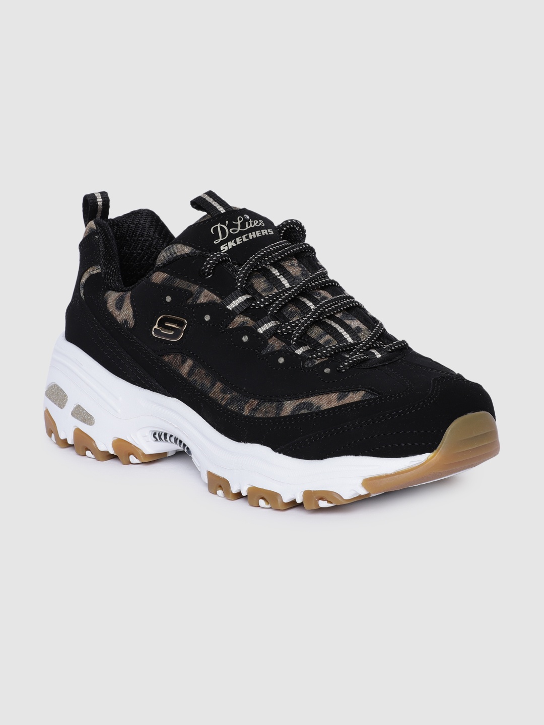 

Skechers Women Black D'LITES-QUICK LEOPARD Printed Leather Sneakers