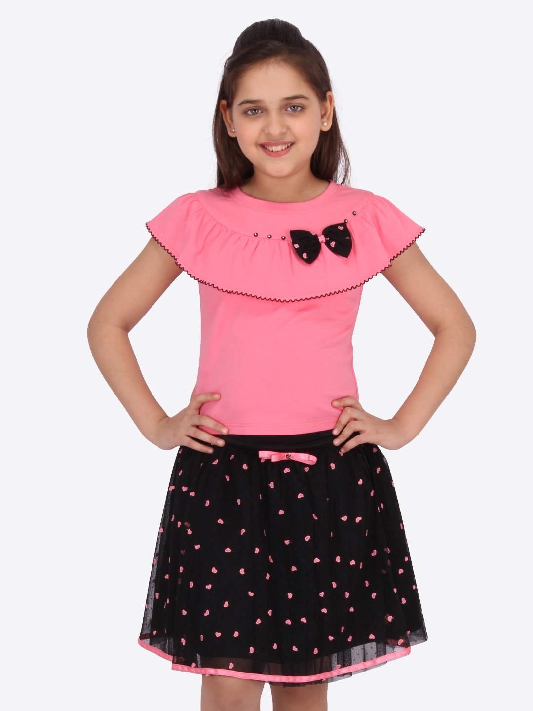 

CUTECUMBER Girls Pink & Black Solid Top with Skirt