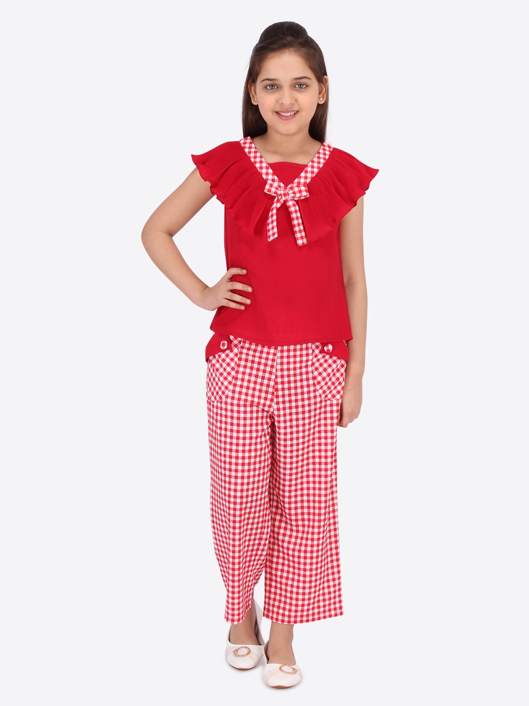 

CUTECUMBER Girls Red & White Solid Top with Trousers