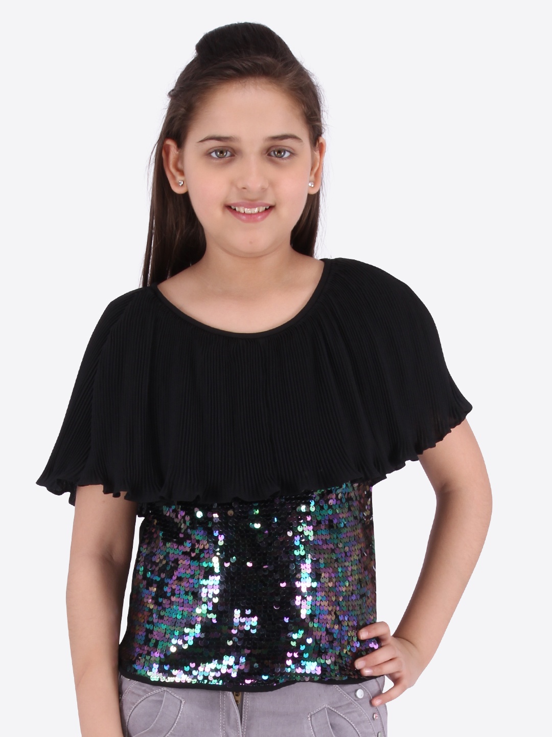 

CUTECUMBER Black Embellished Georgette Cape Top