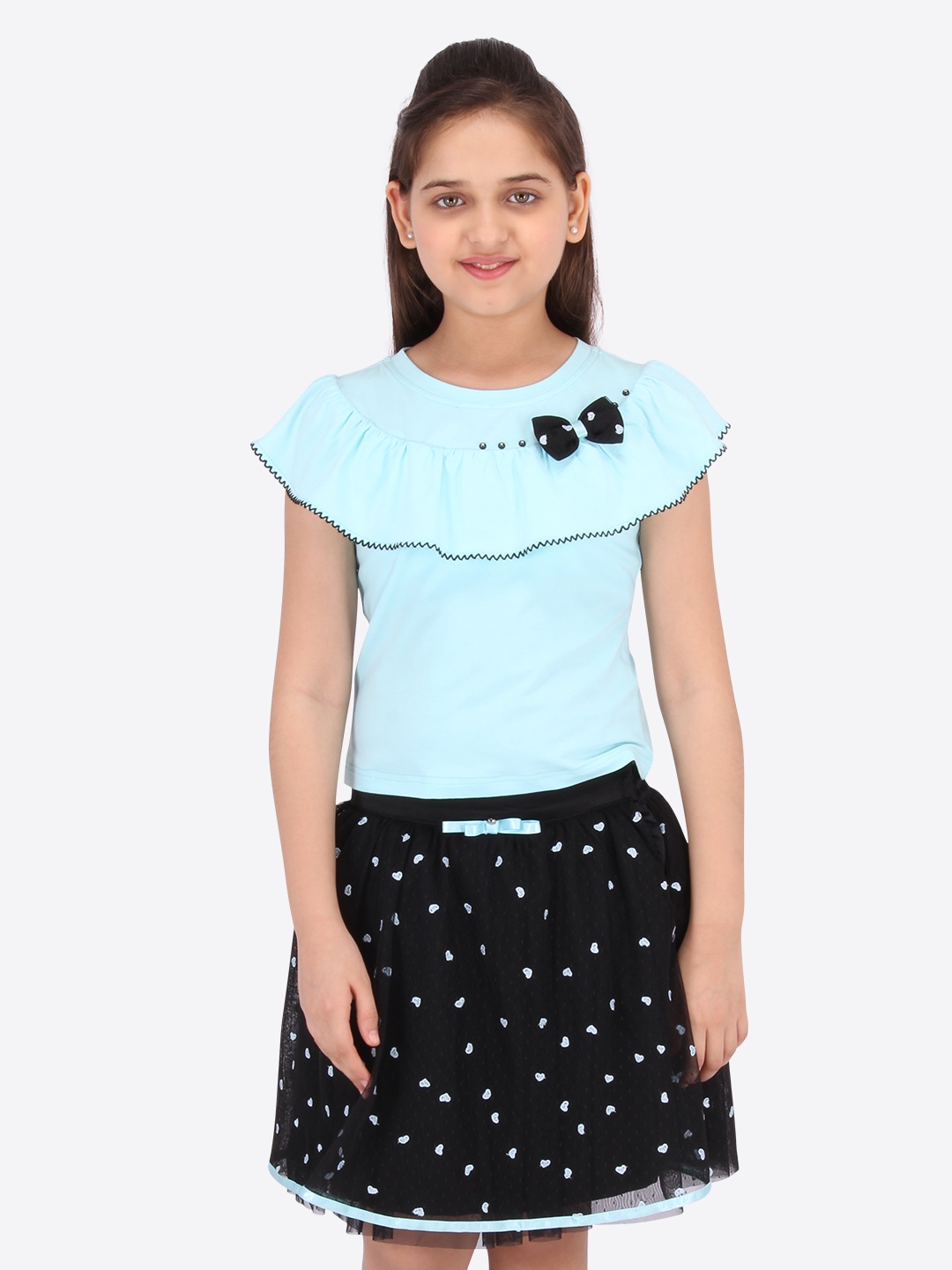 

CUTECUMBER Girls Turquoise Blue & Black Solid Top with Skirt