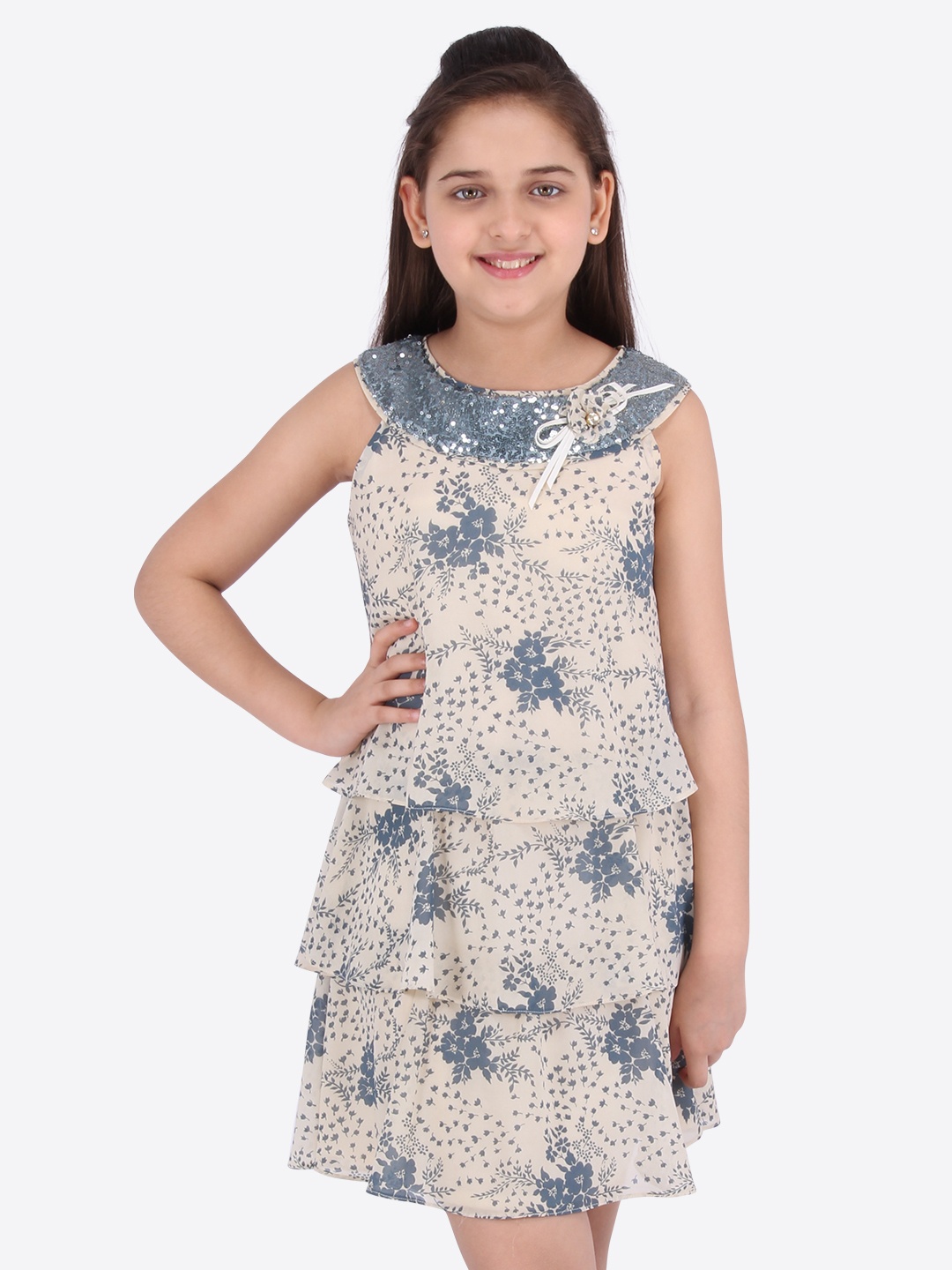 

CUTECUMBER Girls Cream-Coloured Printed A-Line Dress