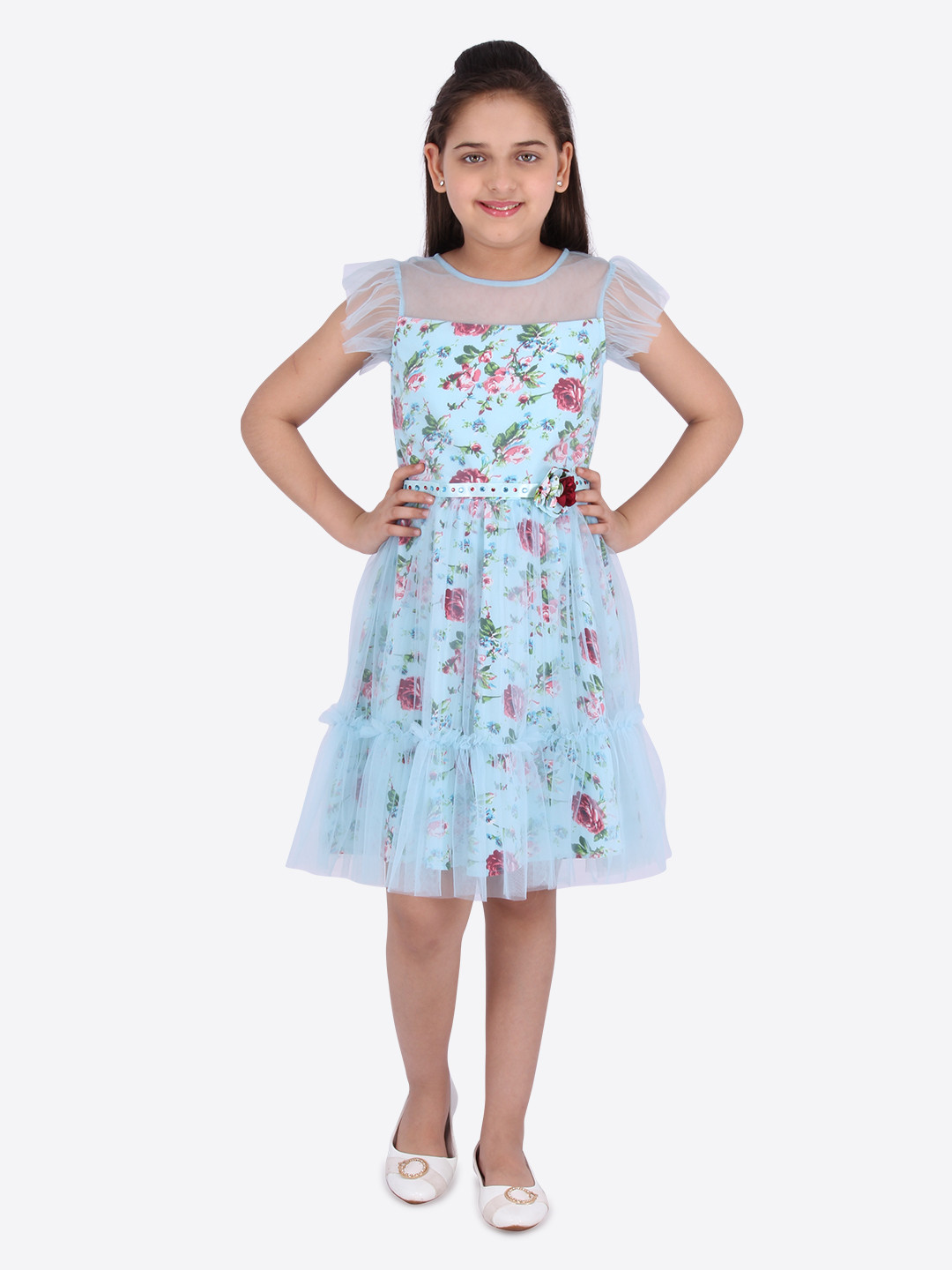 

CUTECUMBER Girls Blue Printed Fit and Flare Dress