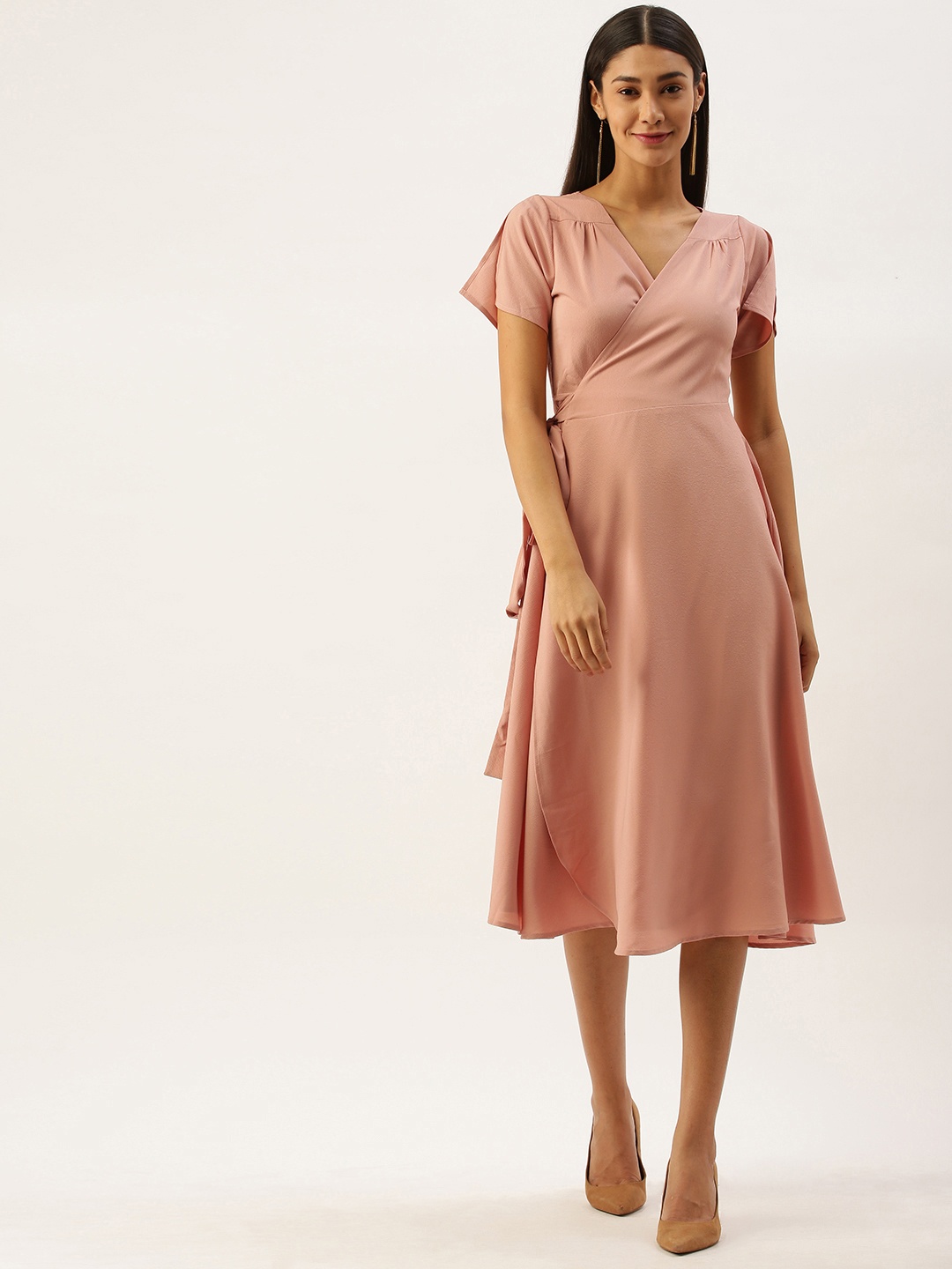 

Berrylush Women Pink Solid WrapMidi Dress